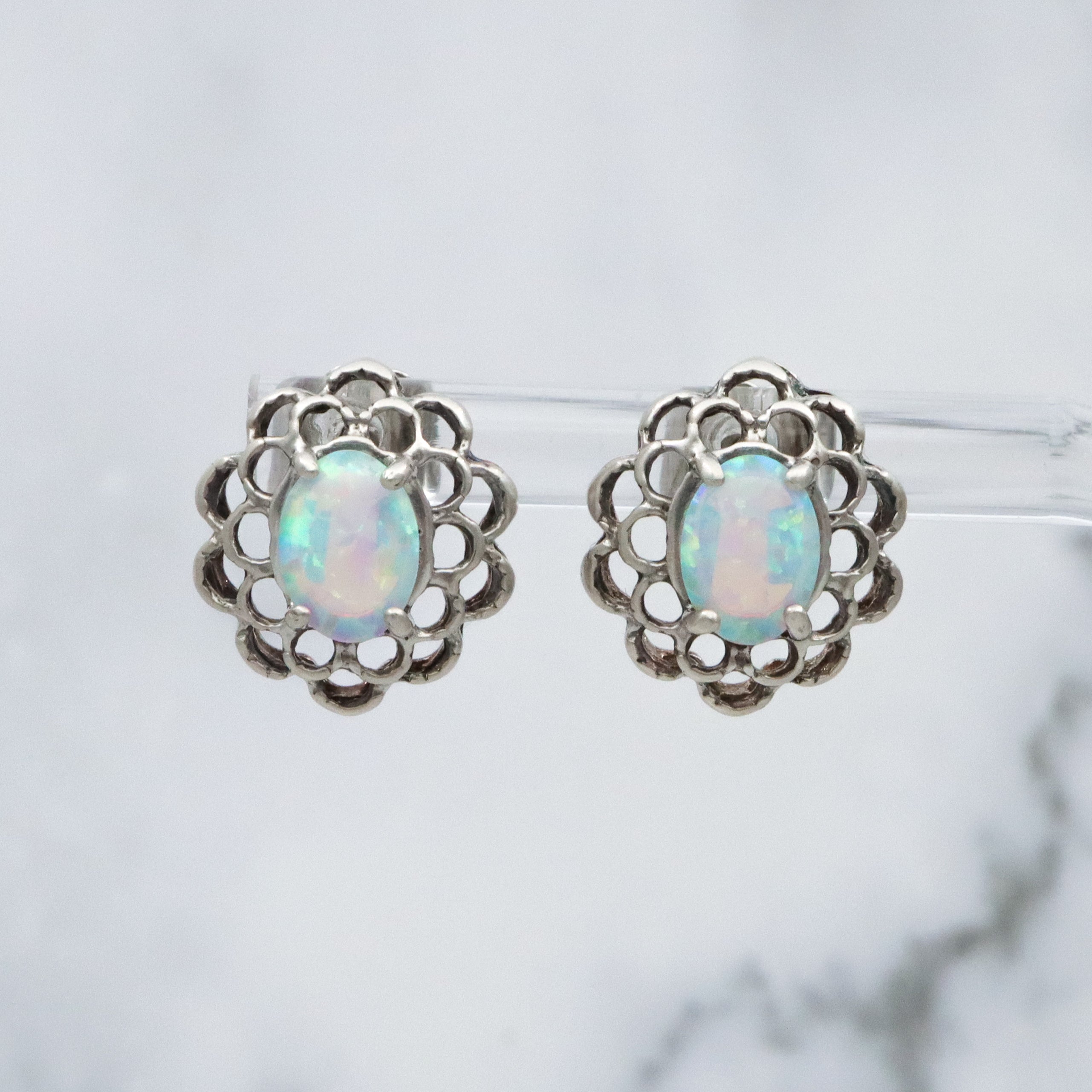 Vintage sterling opal flower cutout stud earrings