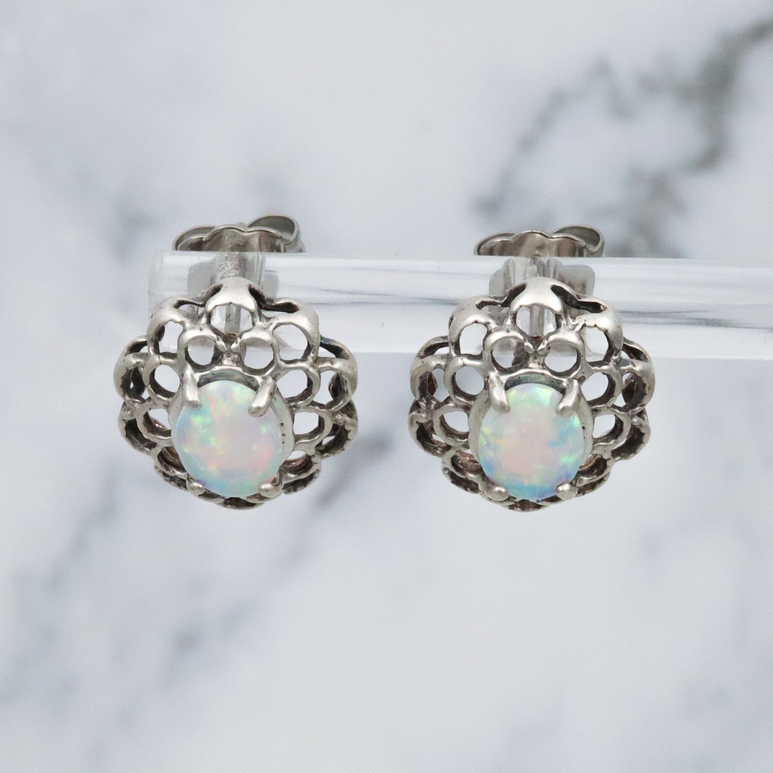 Vintage sterling opal flower cutout stud earrings