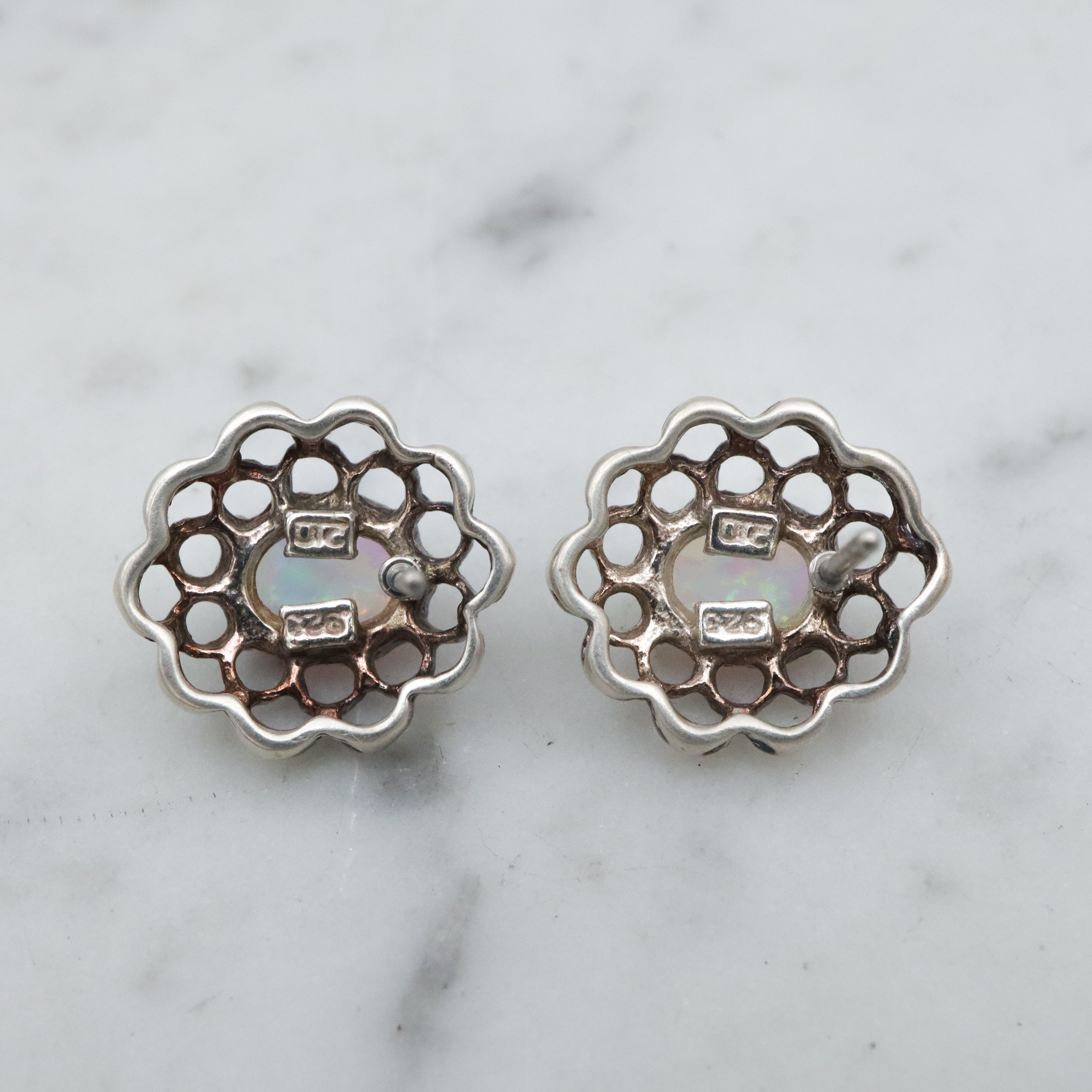 Vintage sterling opal flower cutout stud earrings