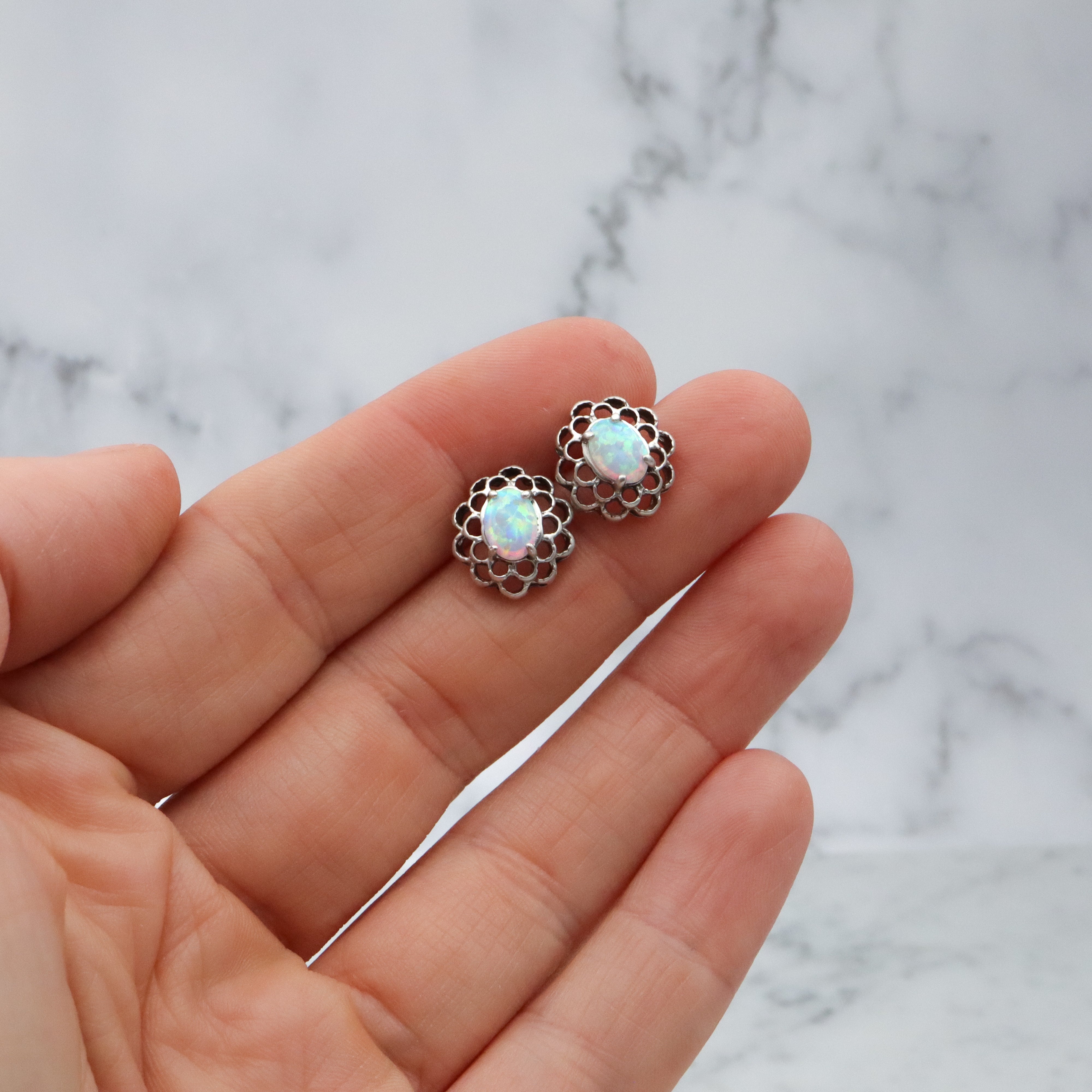 Vintage sterling opal flower cutout stud earrings