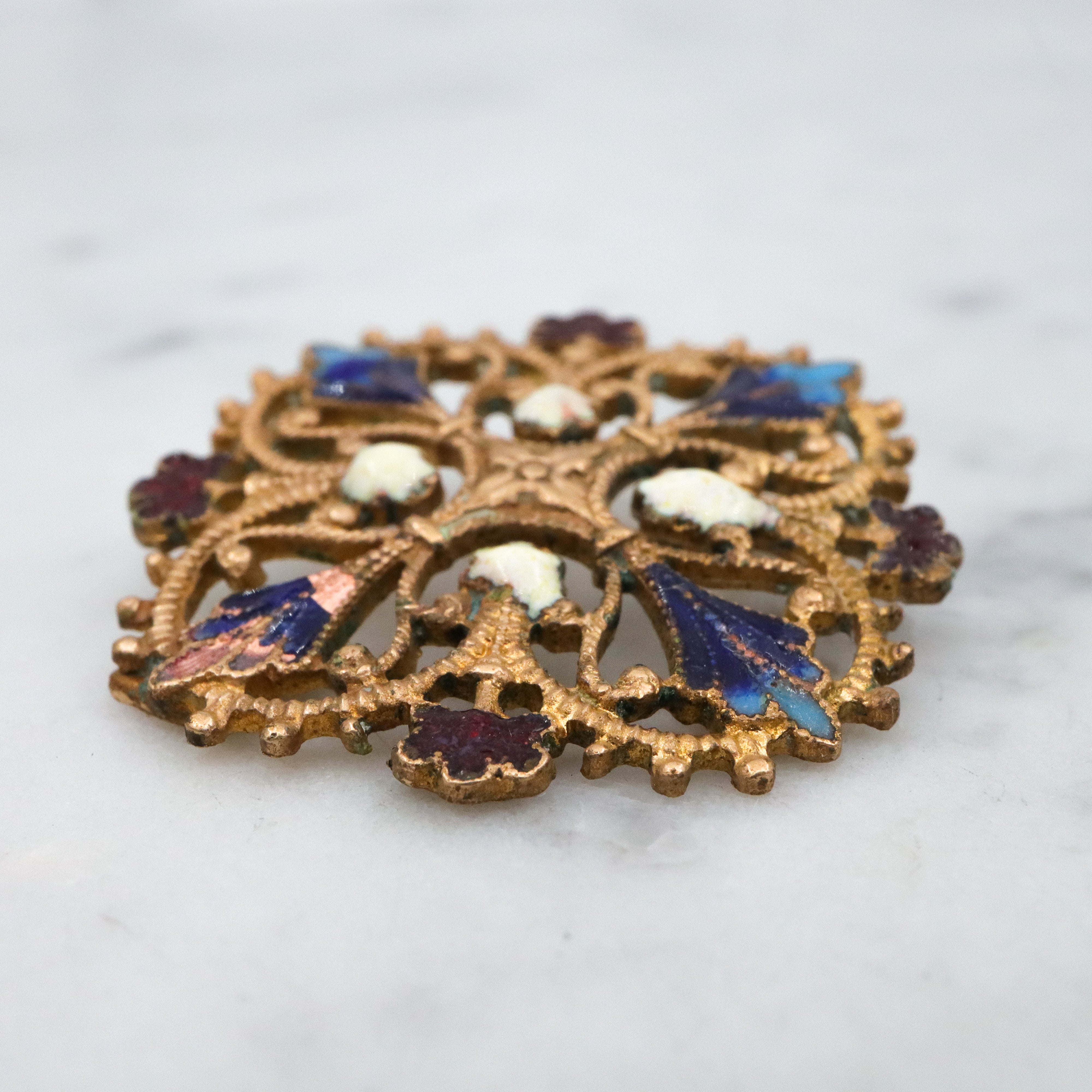 Antique French filigree enamel brass pendant conversion