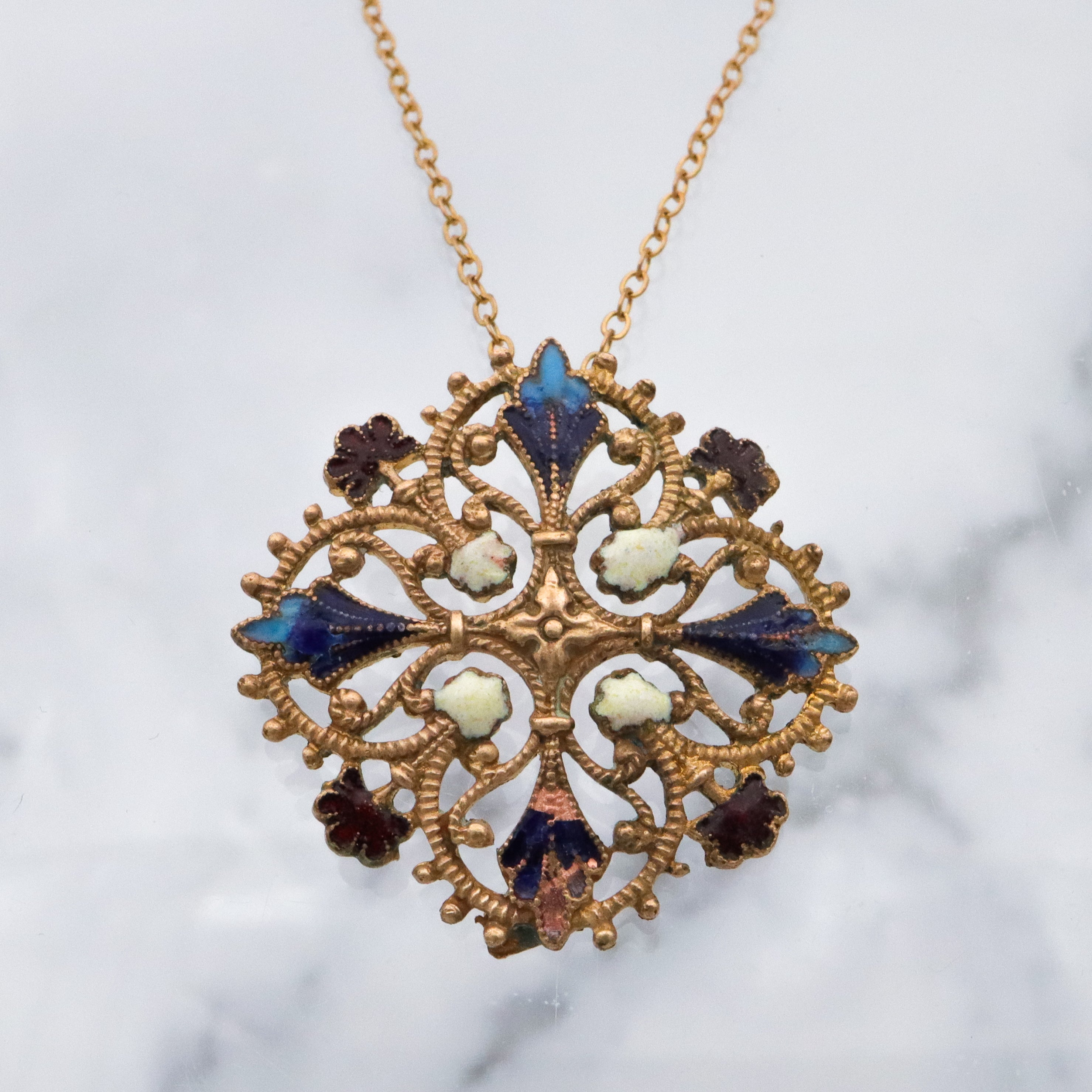 Antique French filigree enamel brass pendant conversion