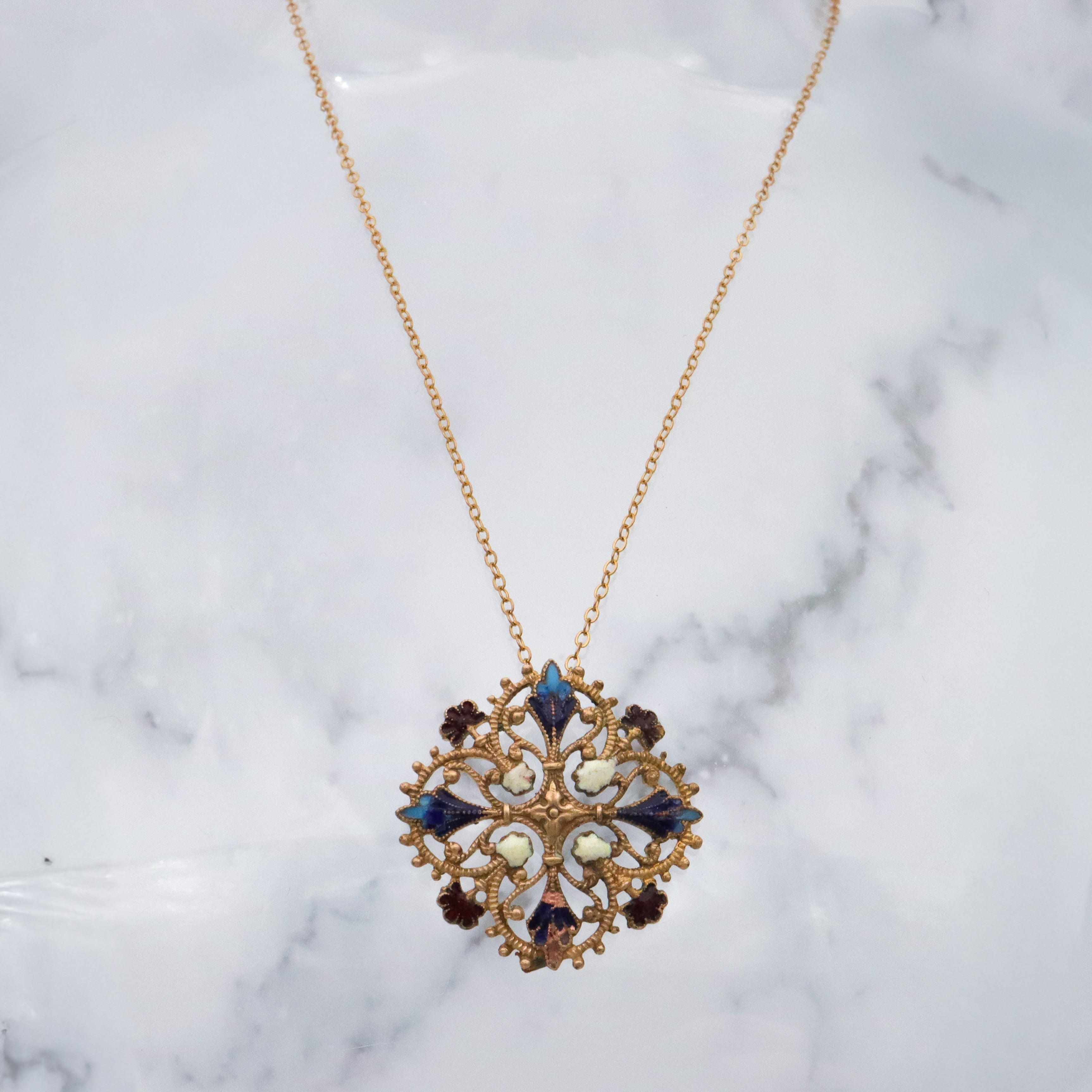 Antique French filigree enamel brass pendant conversion