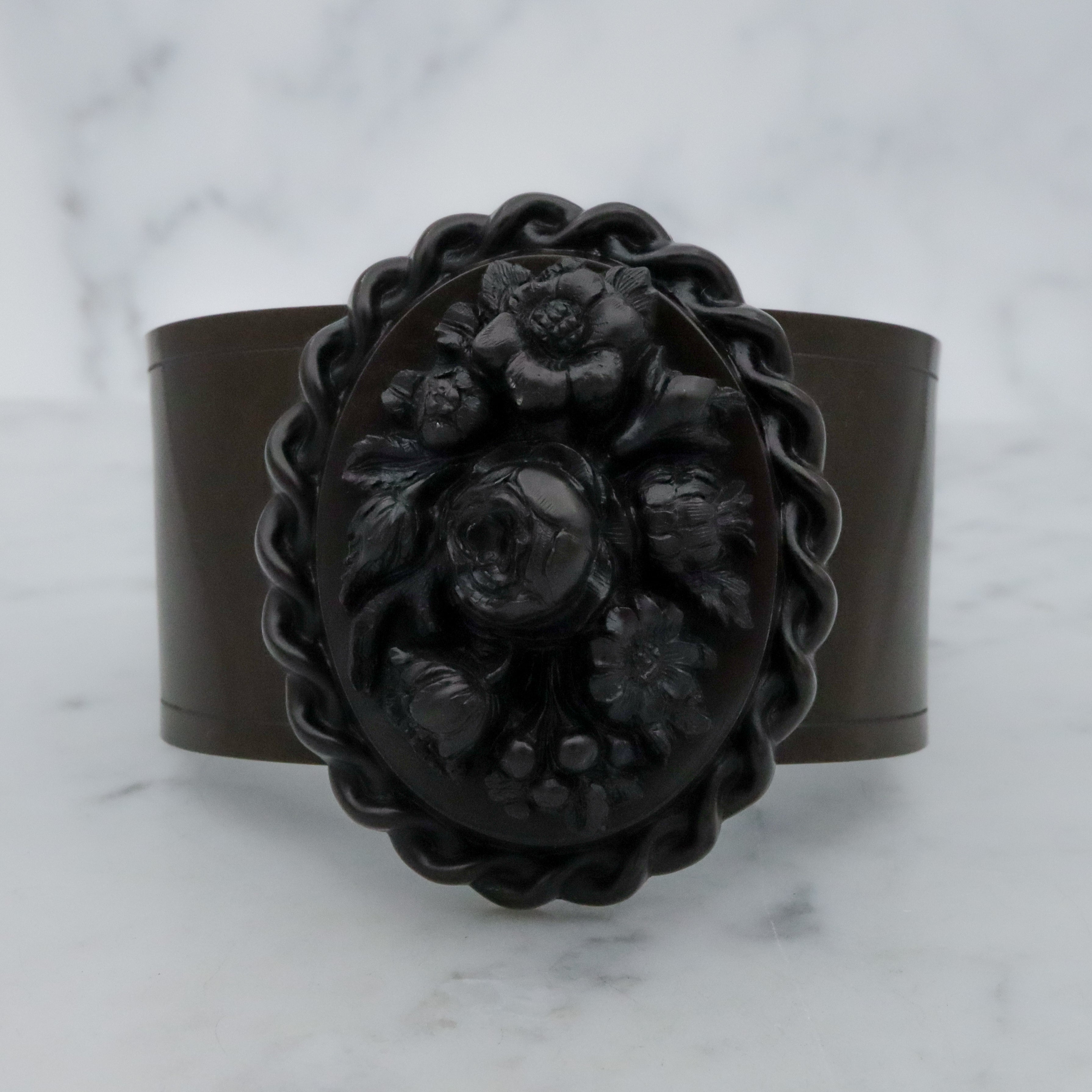 Antique Victorian gutta percha floral carved cuff bracelet