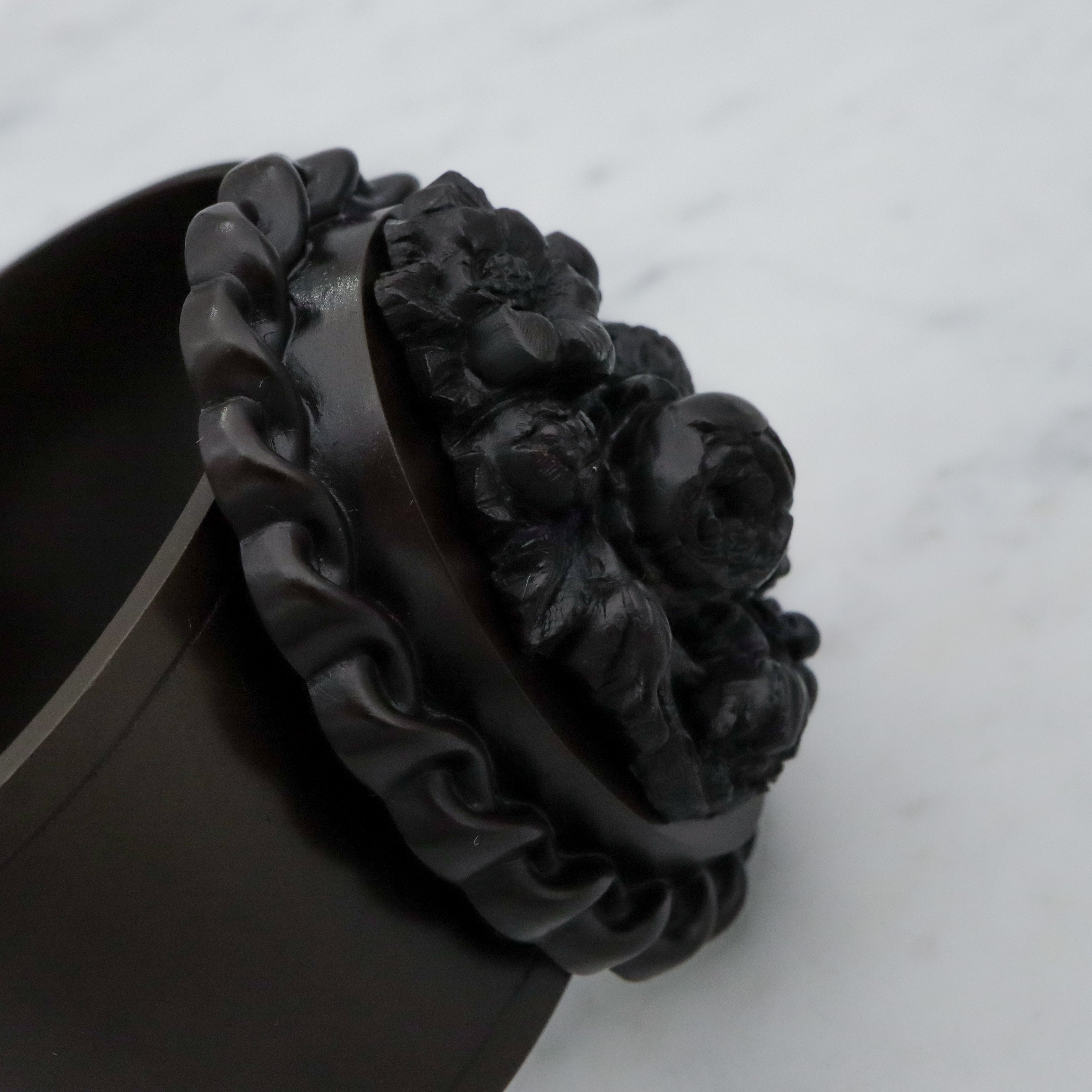 Antique Victorian gutta percha floral carved cuff bracelet