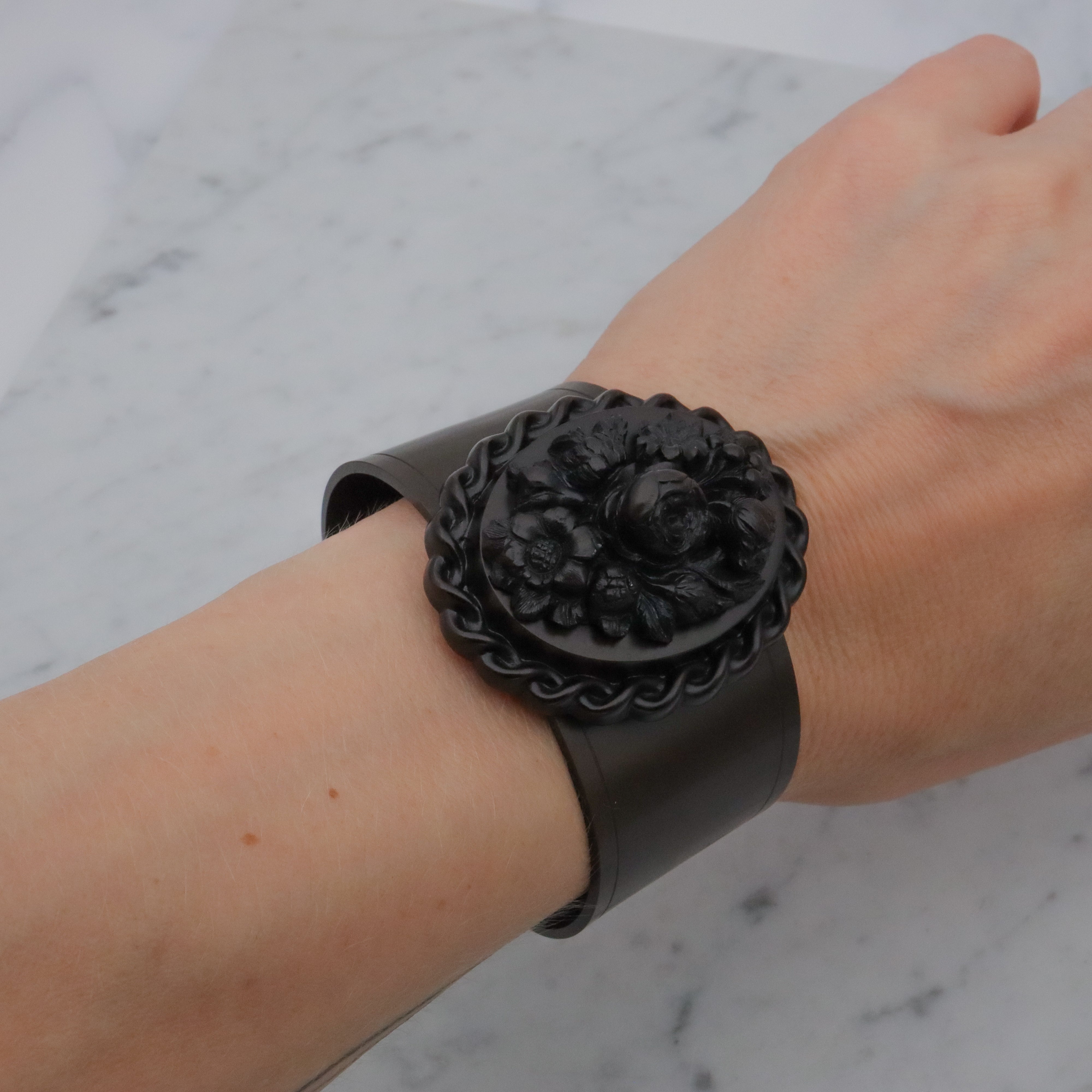Antique Victorian gutta percha floral carved cuff bracelet