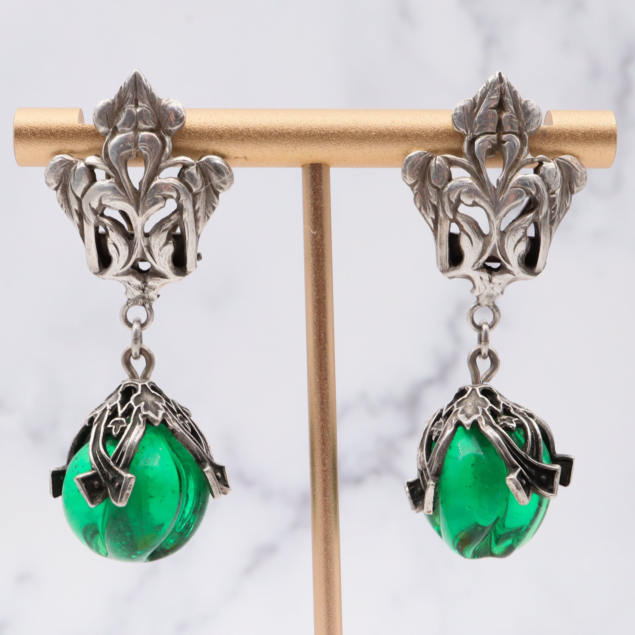 Antique Victorian Renaissance Revival silver plated carved green glass drop bead earrings