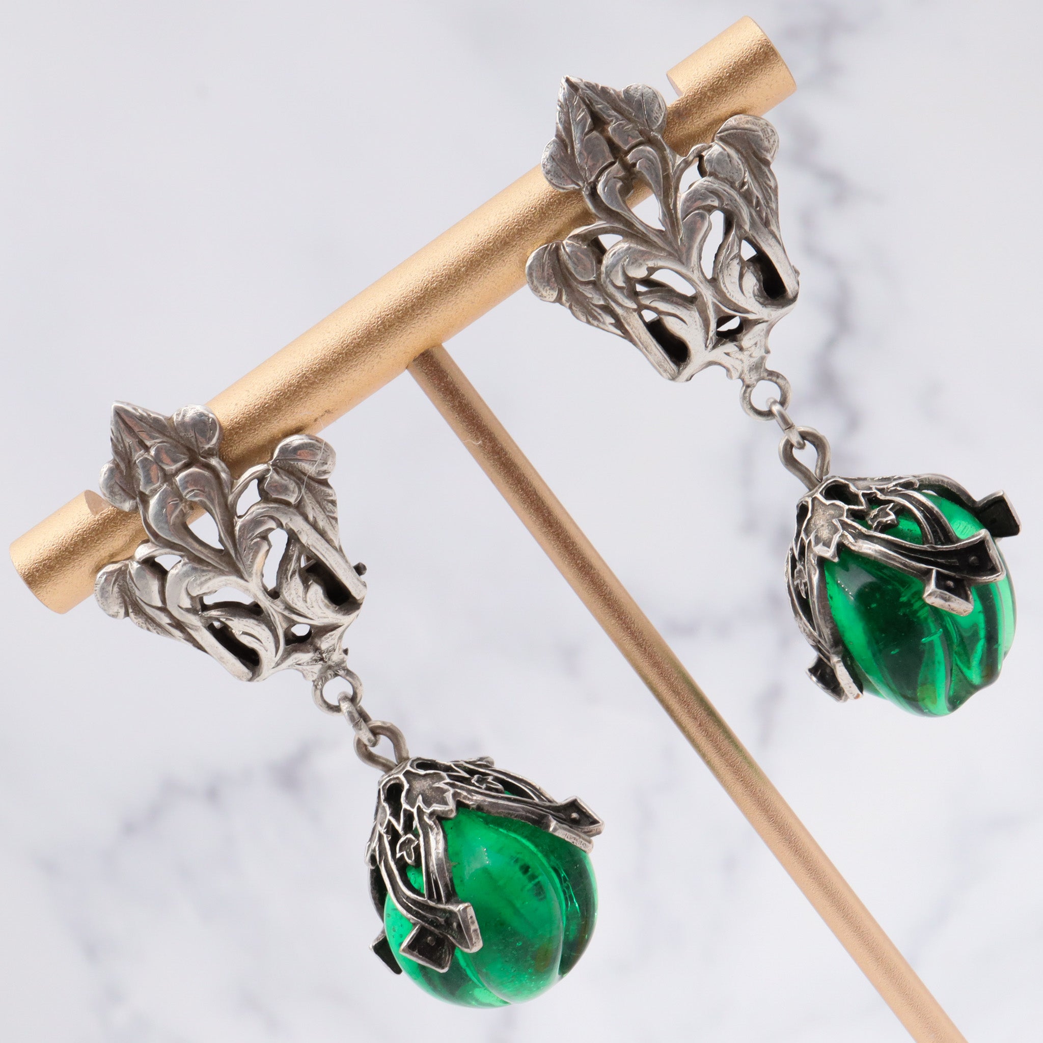 Antique Victorian Renaissance Revival silver plated carved green glass drop bead earrings