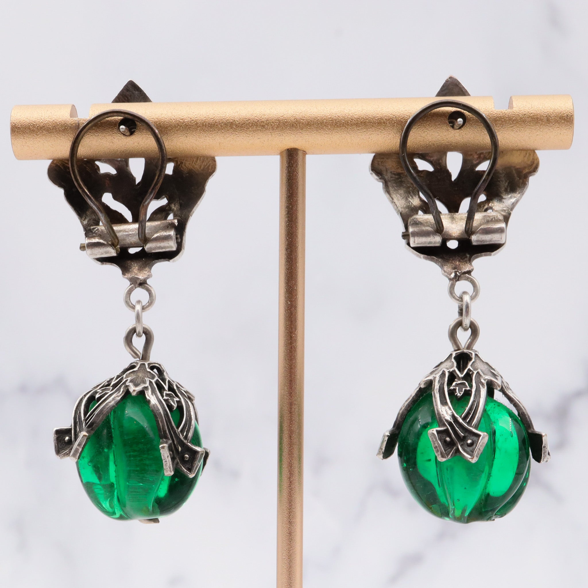 Antique Victorian Renaissance Revival silver plated carved green glass drop bead earrings