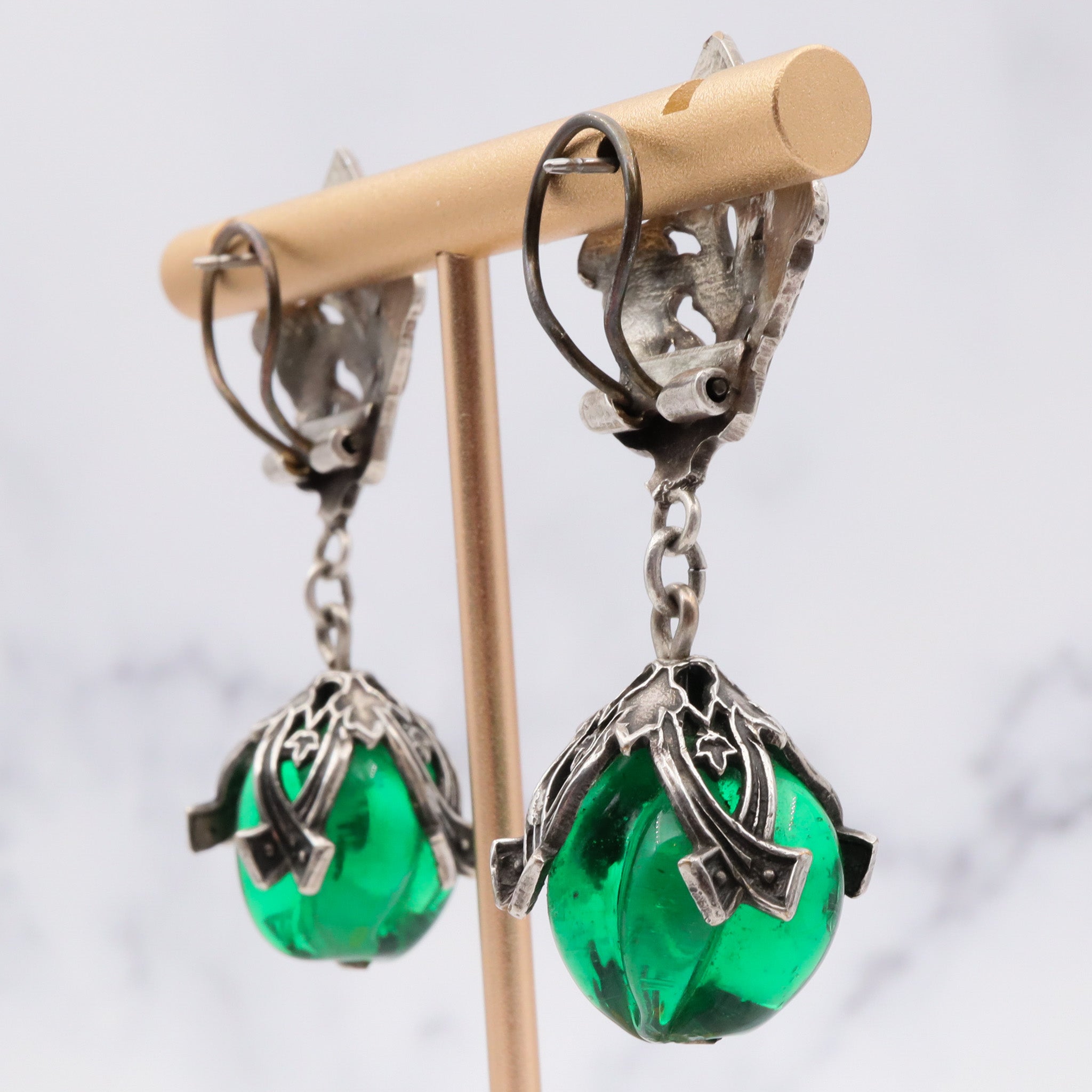 Antique Victorian Renaissance Revival silver plated carved green glass drop bead earrings