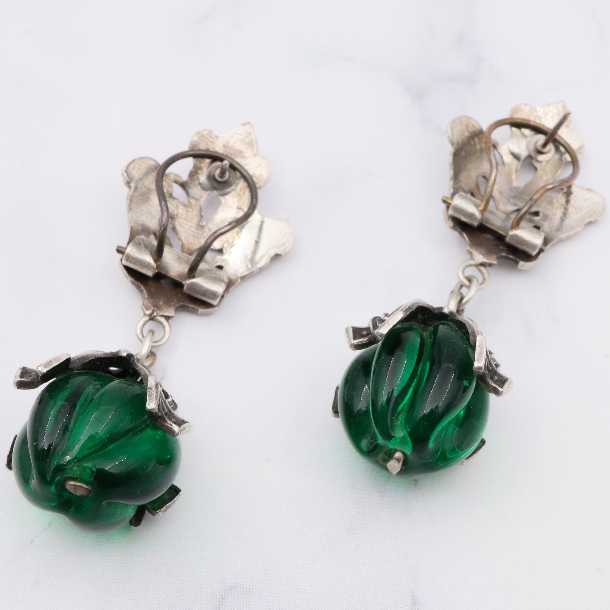 Antique Victorian Renaissance Revival silver plated carved green glass drop bead earrings