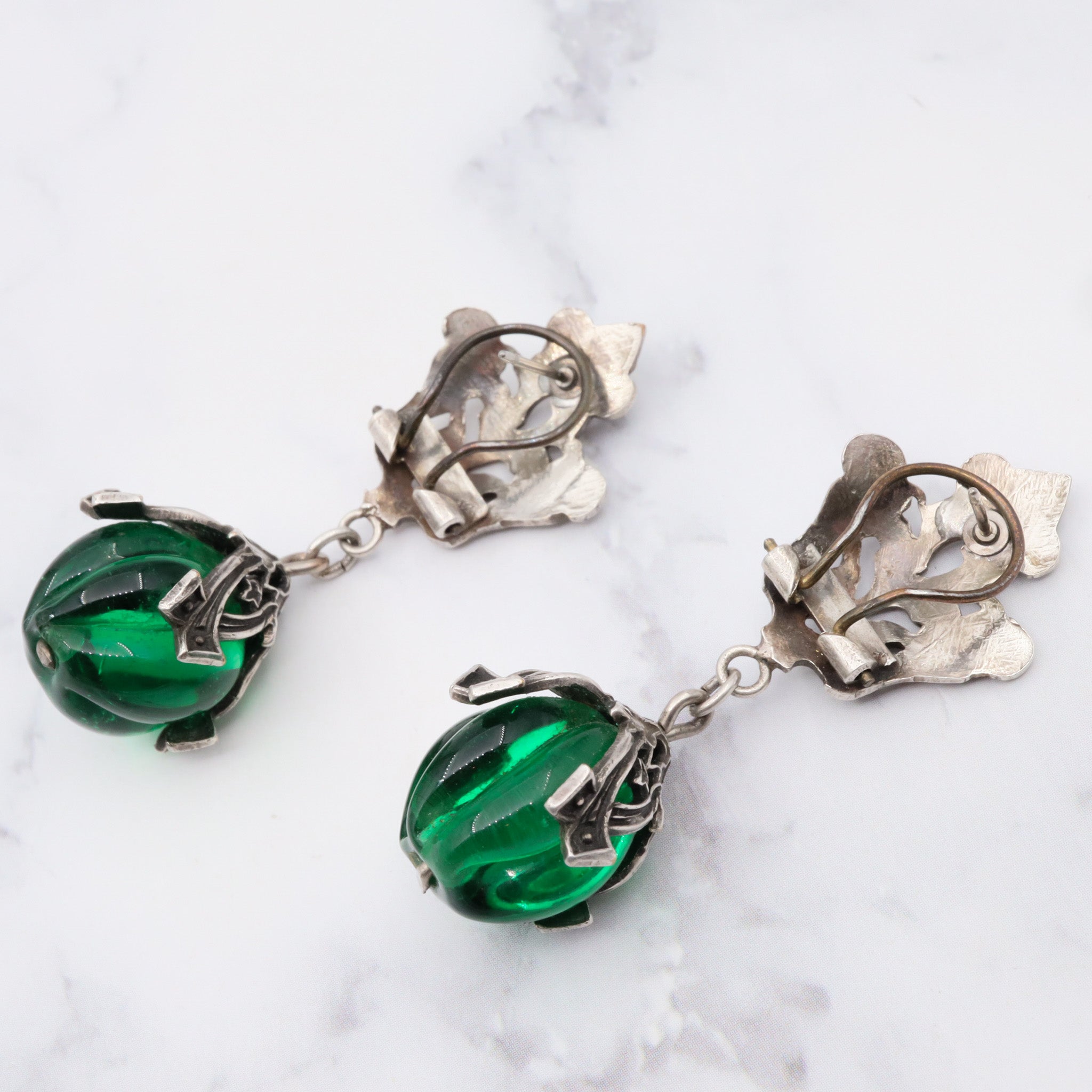 Antique Victorian Renaissance Revival silver plated carved green glass drop bead earrings