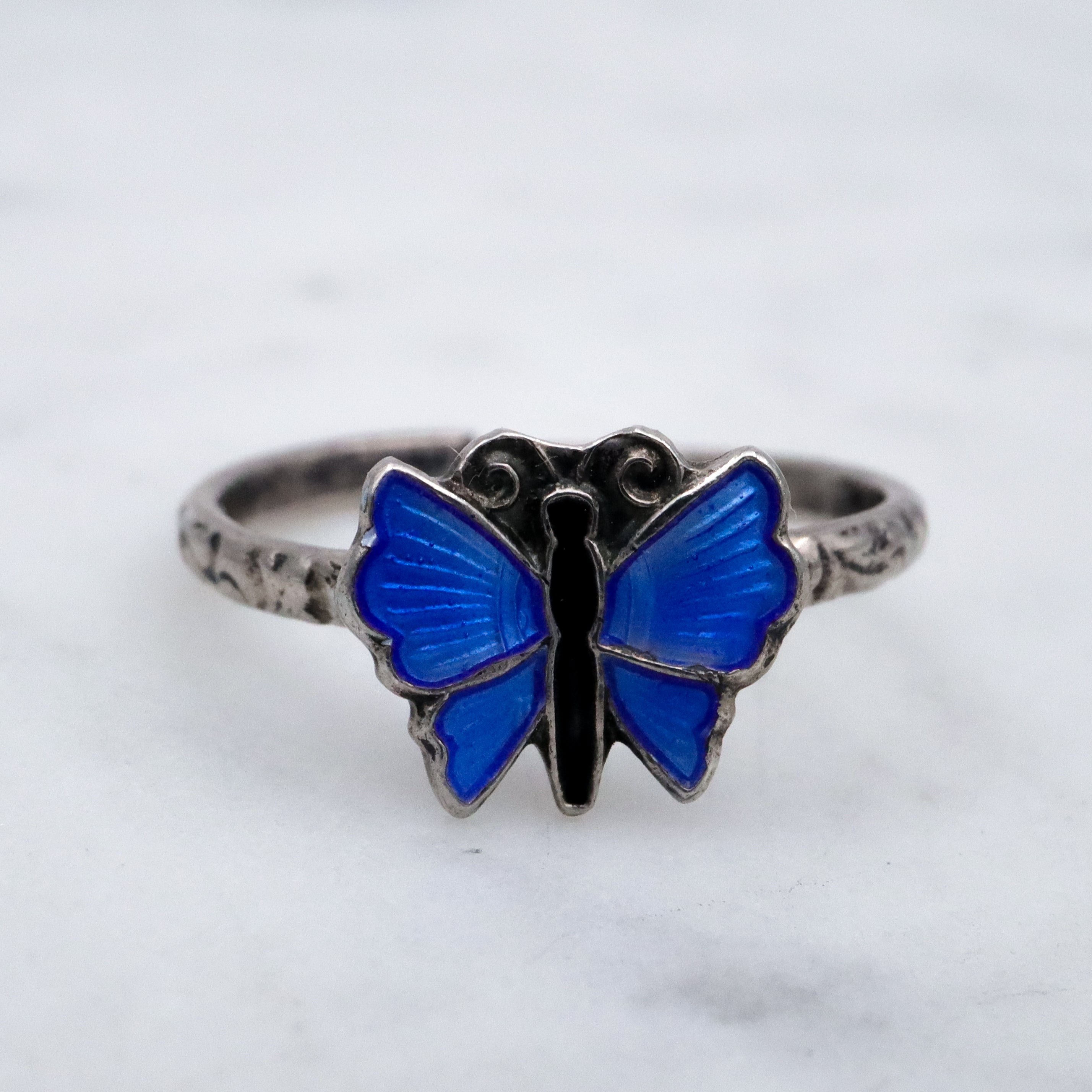 Retro Scandinavian sterling enamel tiny blue butterfly ring, size 3 adjustable