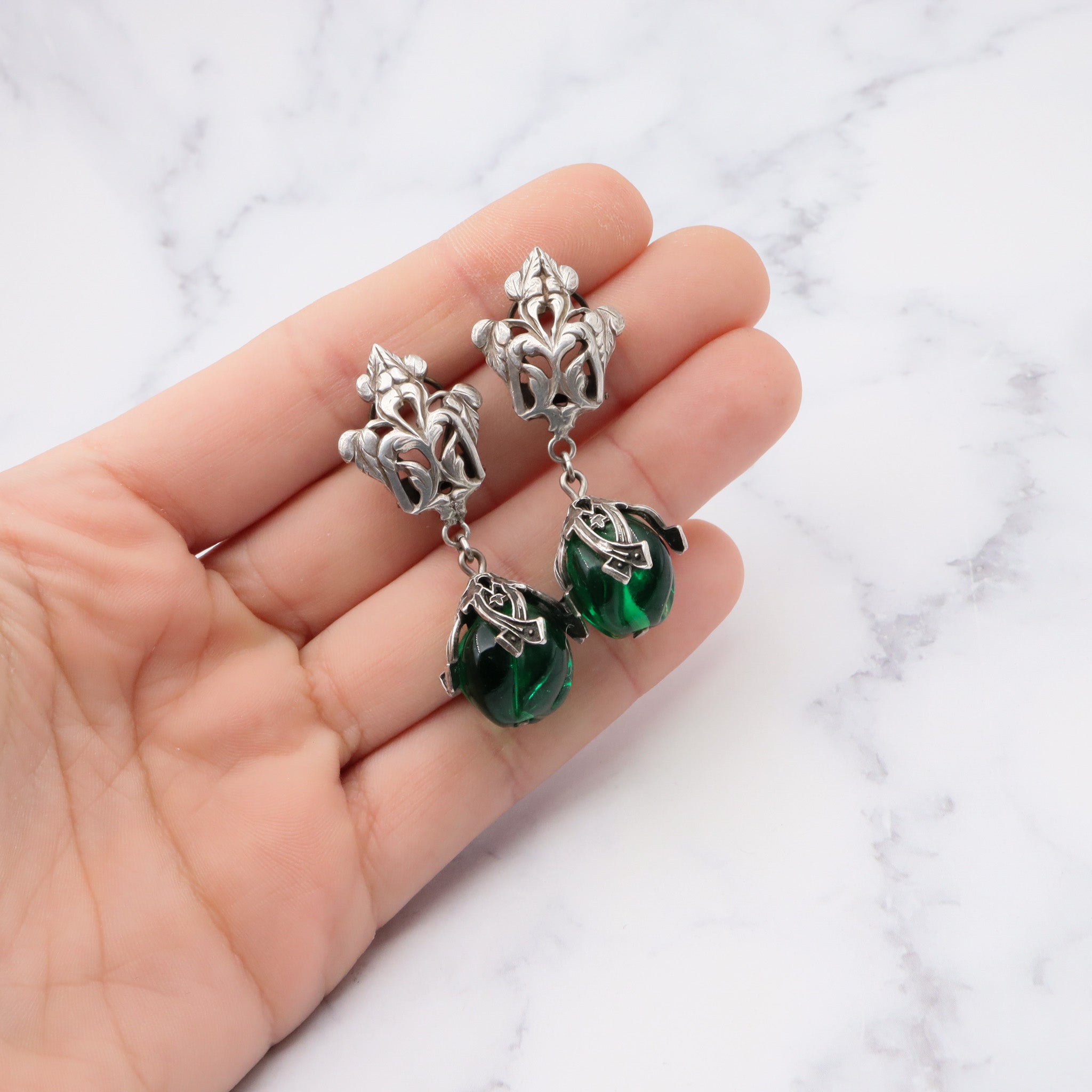 Antique Victorian Renaissance Revival silver plated carved green glass drop bead earrings