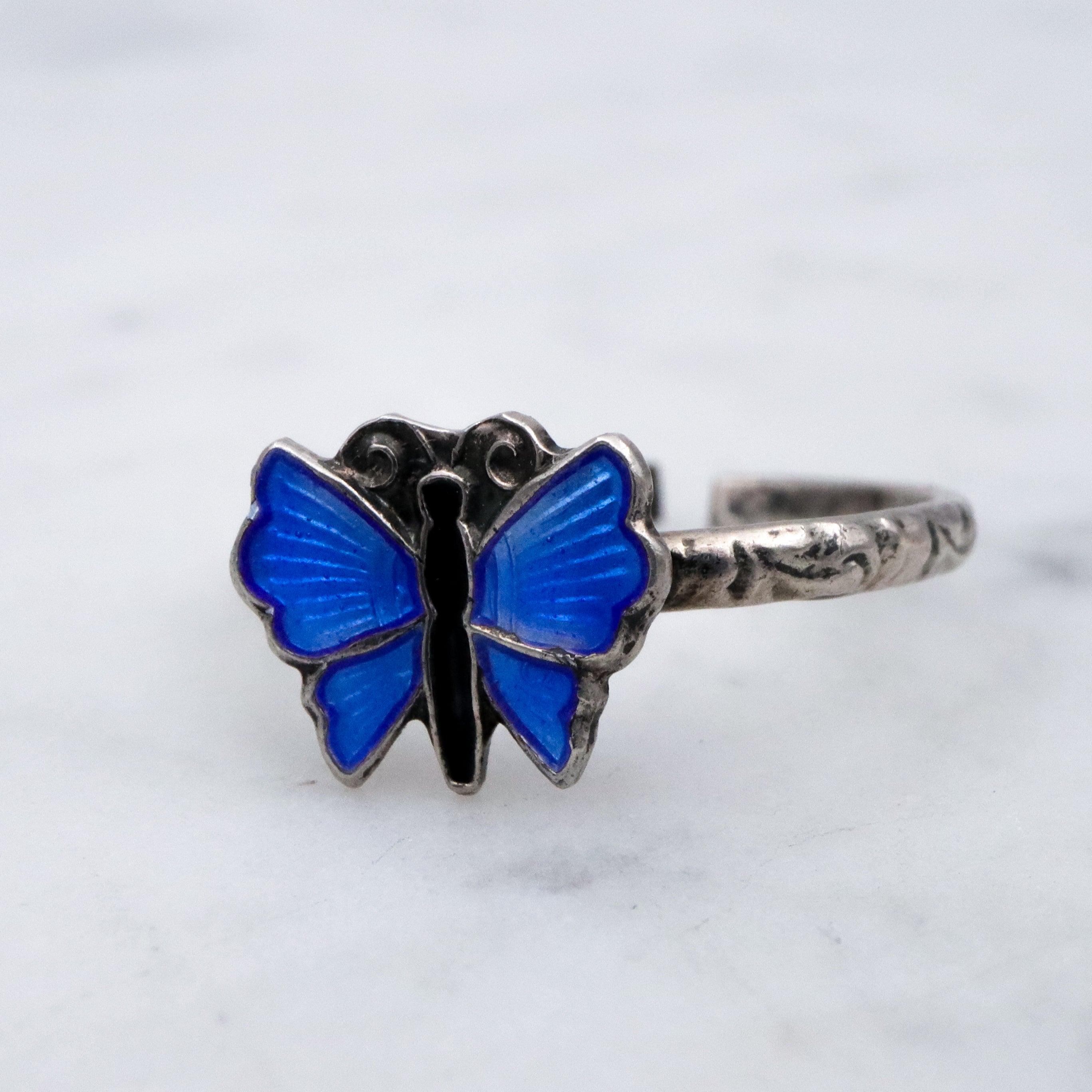 Retro Scandinavian sterling enamel tiny blue butterfly ring, size 3 adjustable