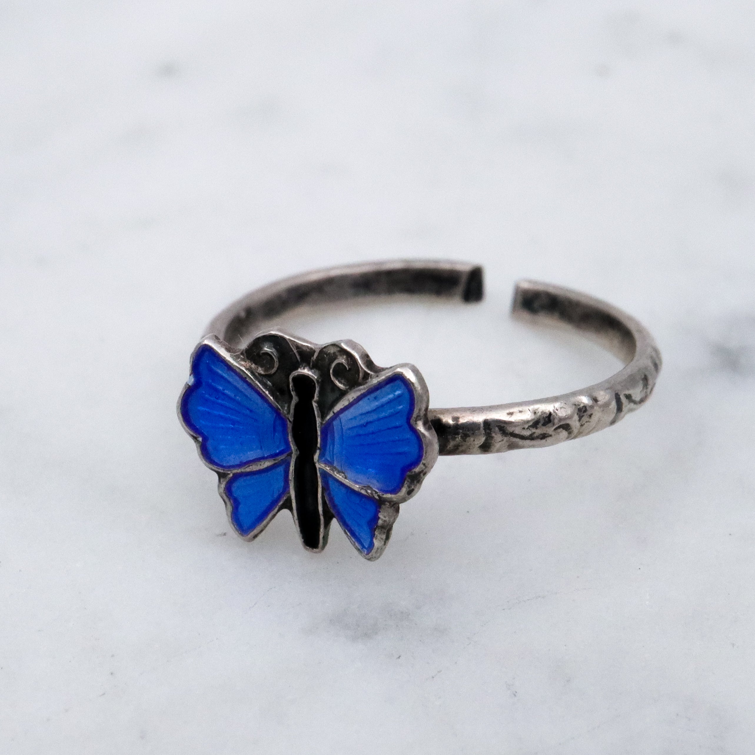 Retro Scandinavian sterling enamel tiny blue butterfly ring, size 3 adjustable