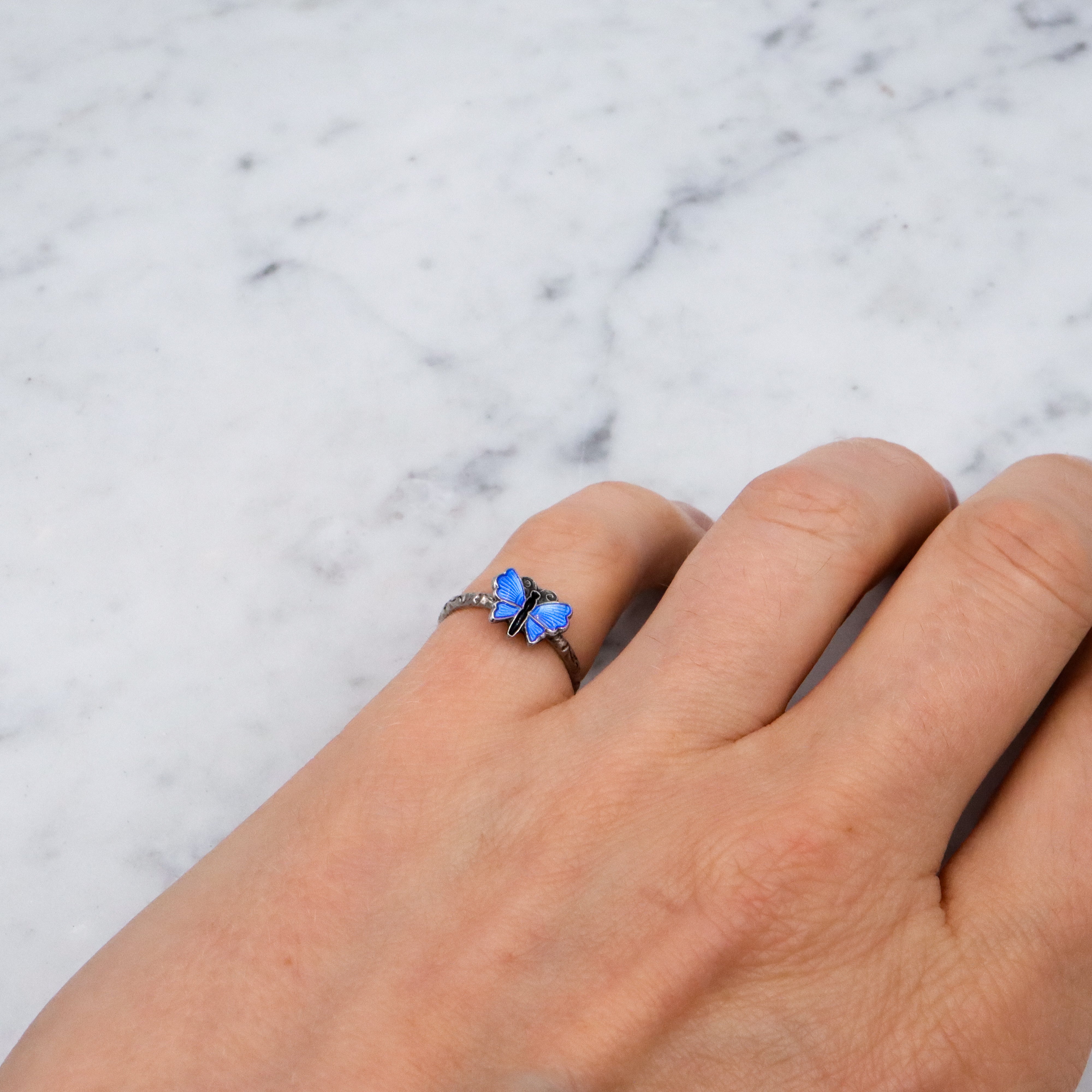 Retro Scandinavian sterling enamel tiny blue butterfly ring, size 3 adjustable