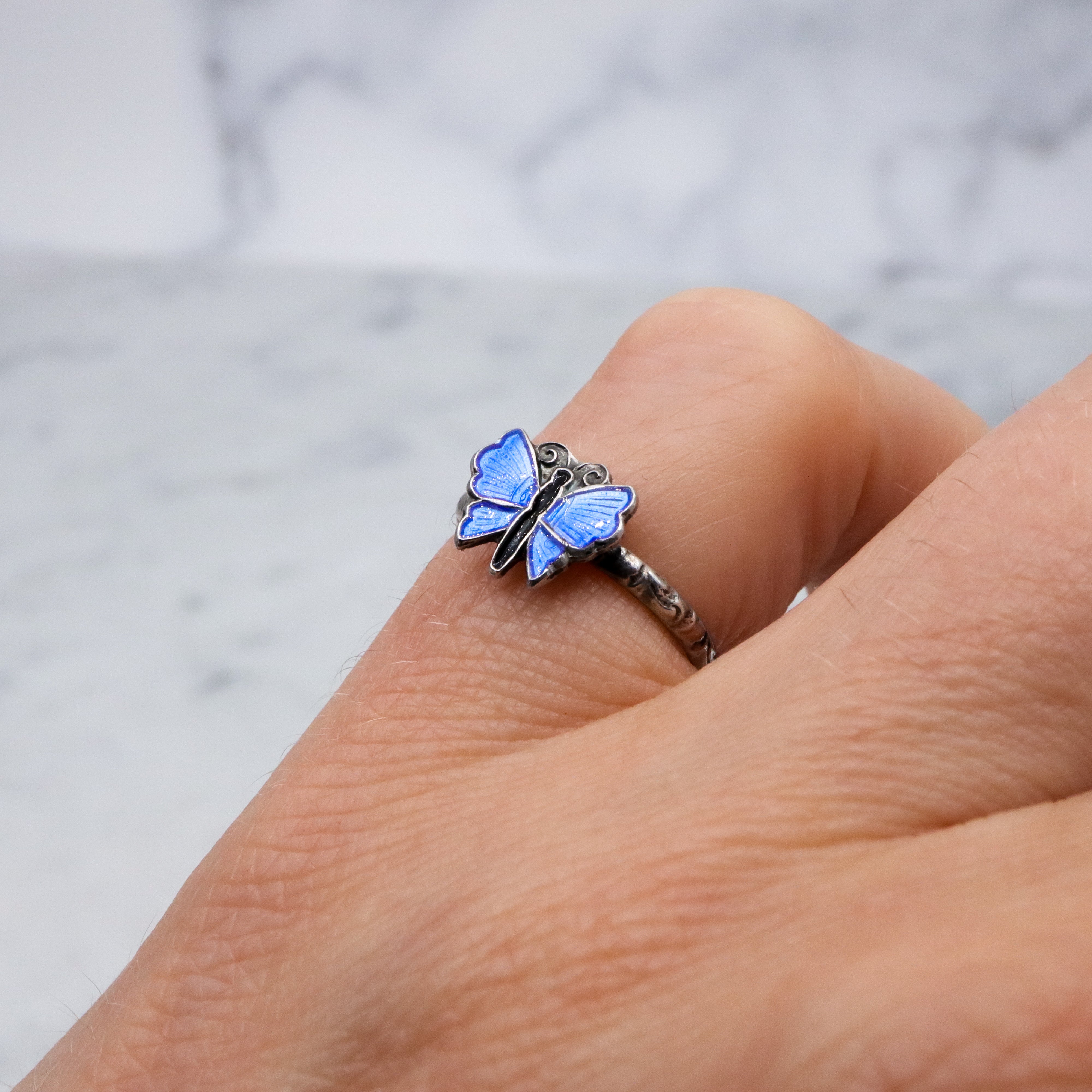 Retro Scandinavian sterling enamel tiny blue butterfly ring, size 3 adjustable