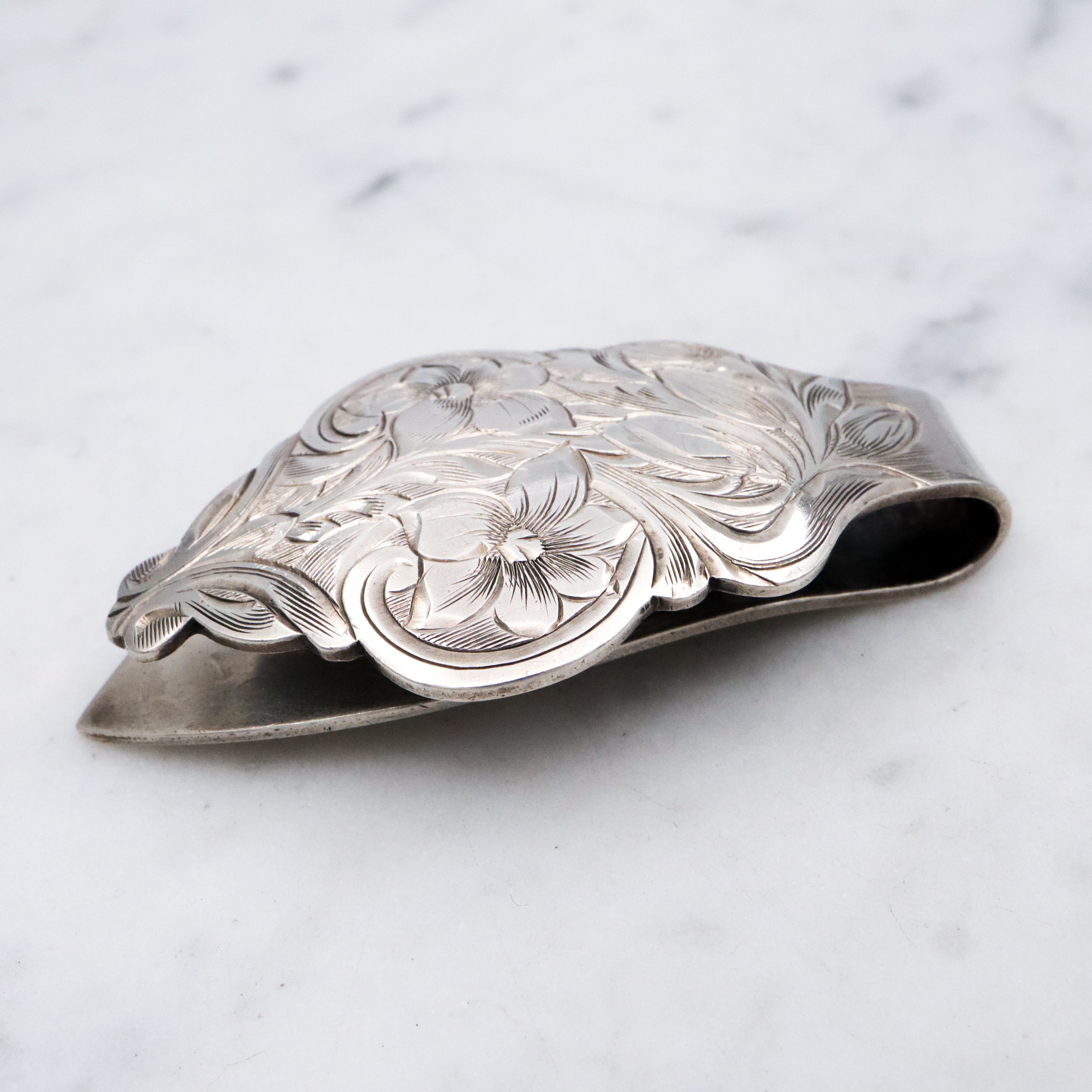 Mid Century floral engraved sterling money clip or bookmark