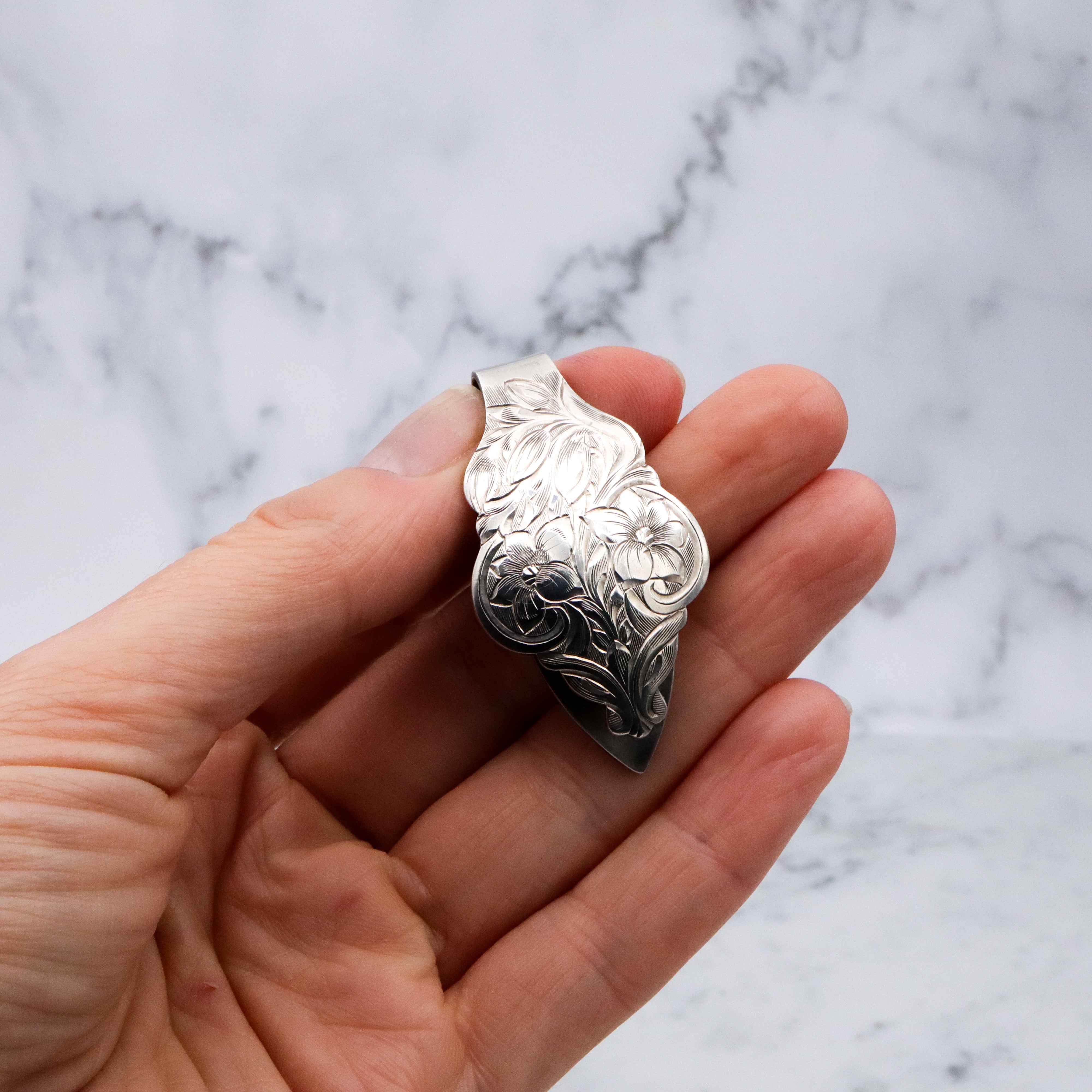 Mid Century floral engraved sterling money clip or bookmark