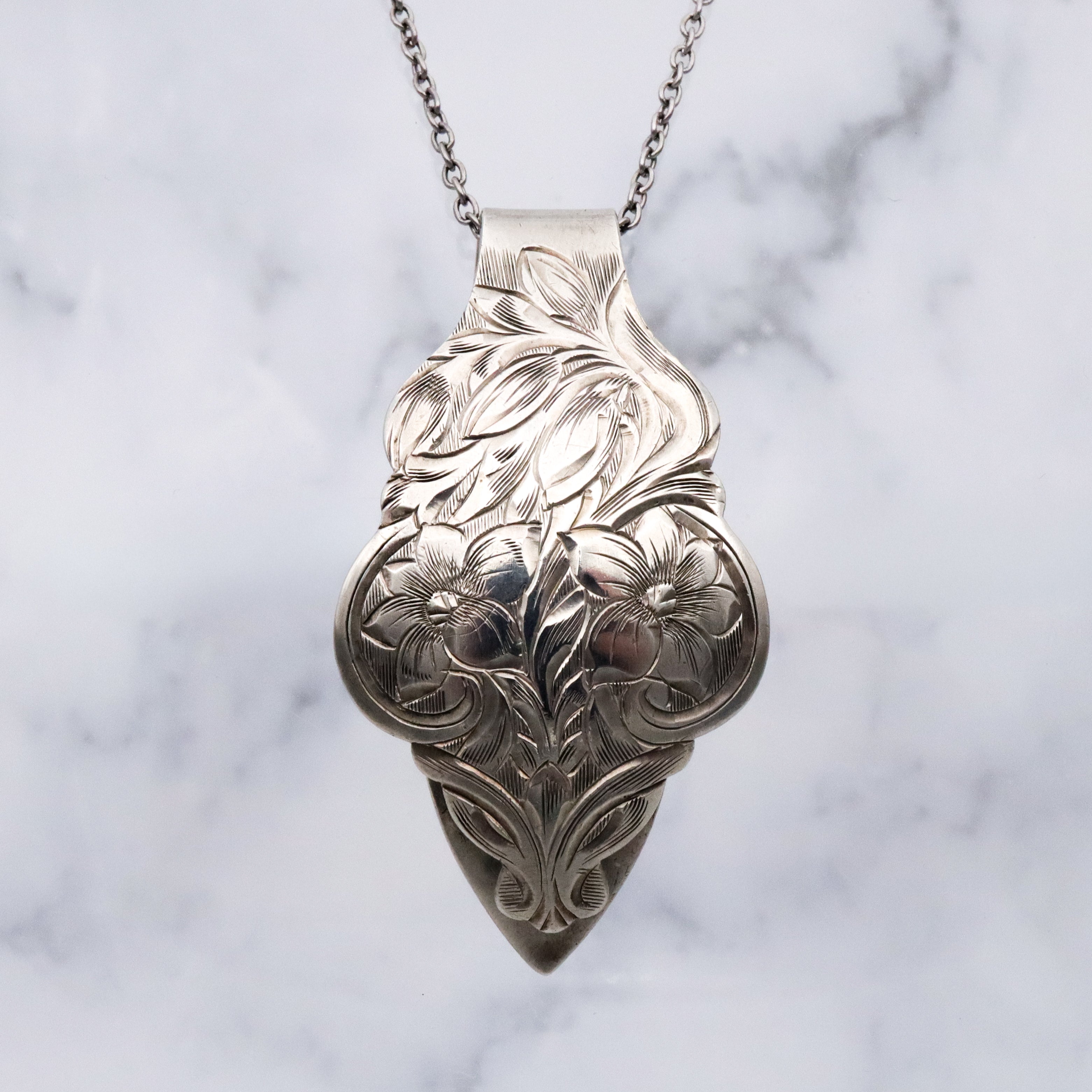 Mid Century floral engraved sterling money clip or bookmark