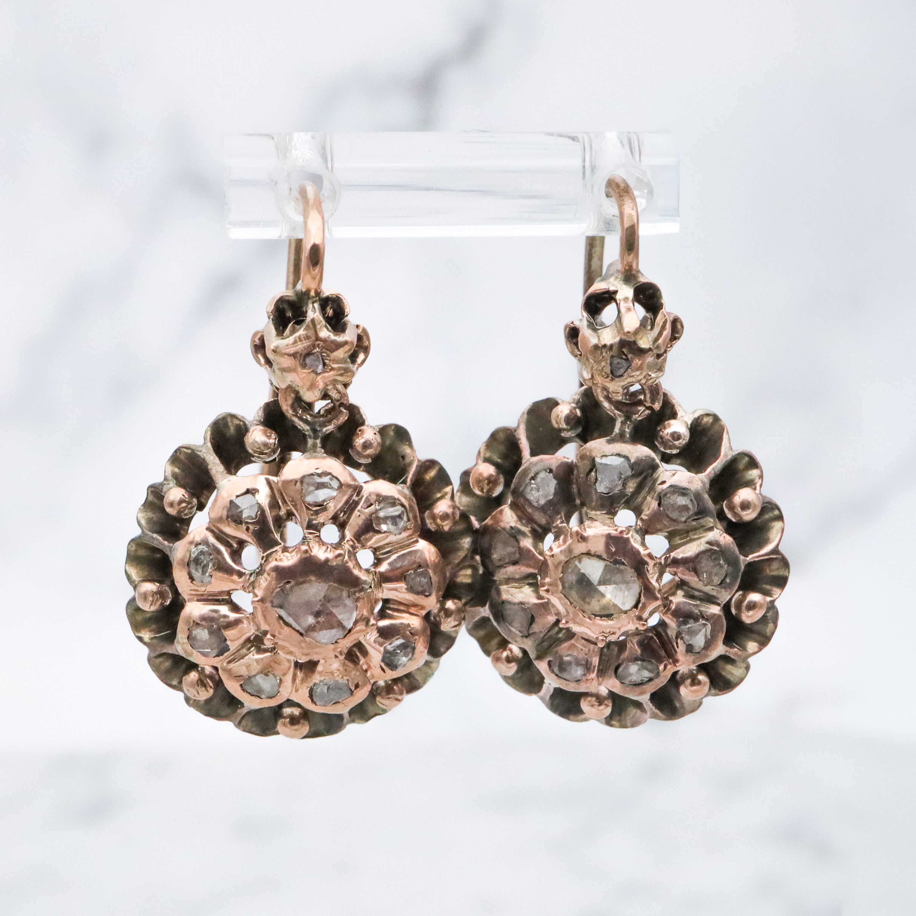 Antique Georgian 9k gold & silver rose cut diamond drop earrings