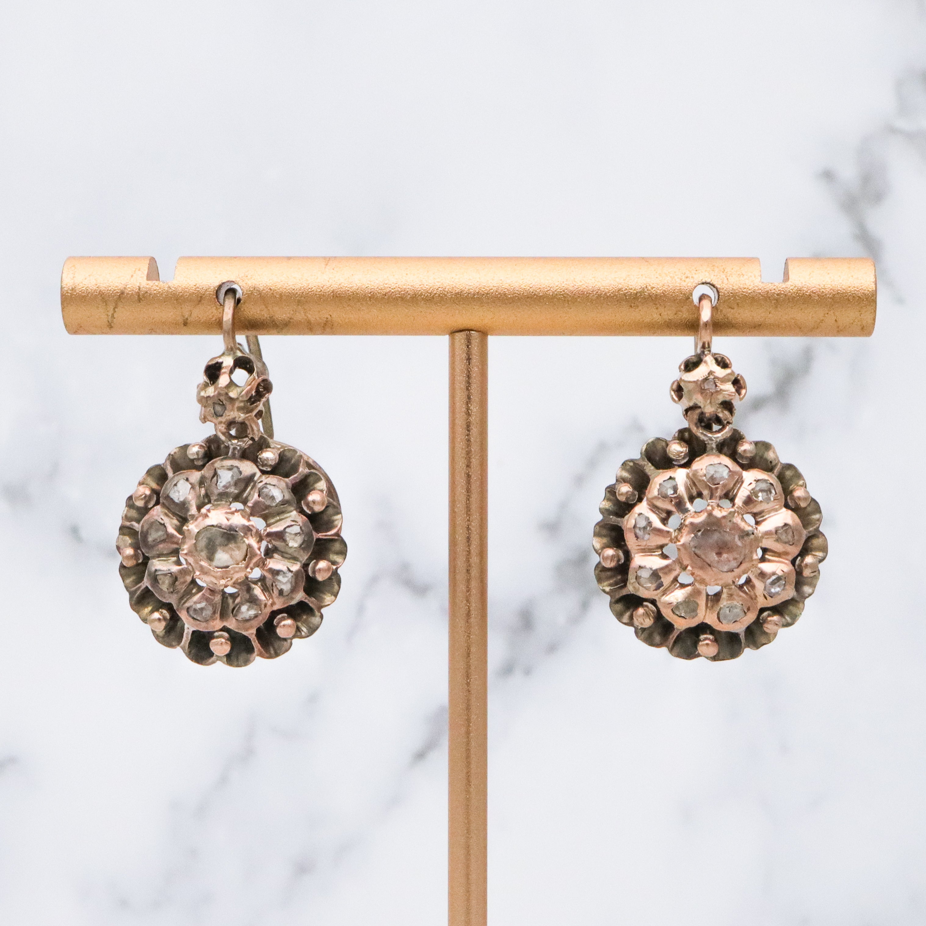 Antique Georgian 9k gold & silver rose cut diamond drop earrings