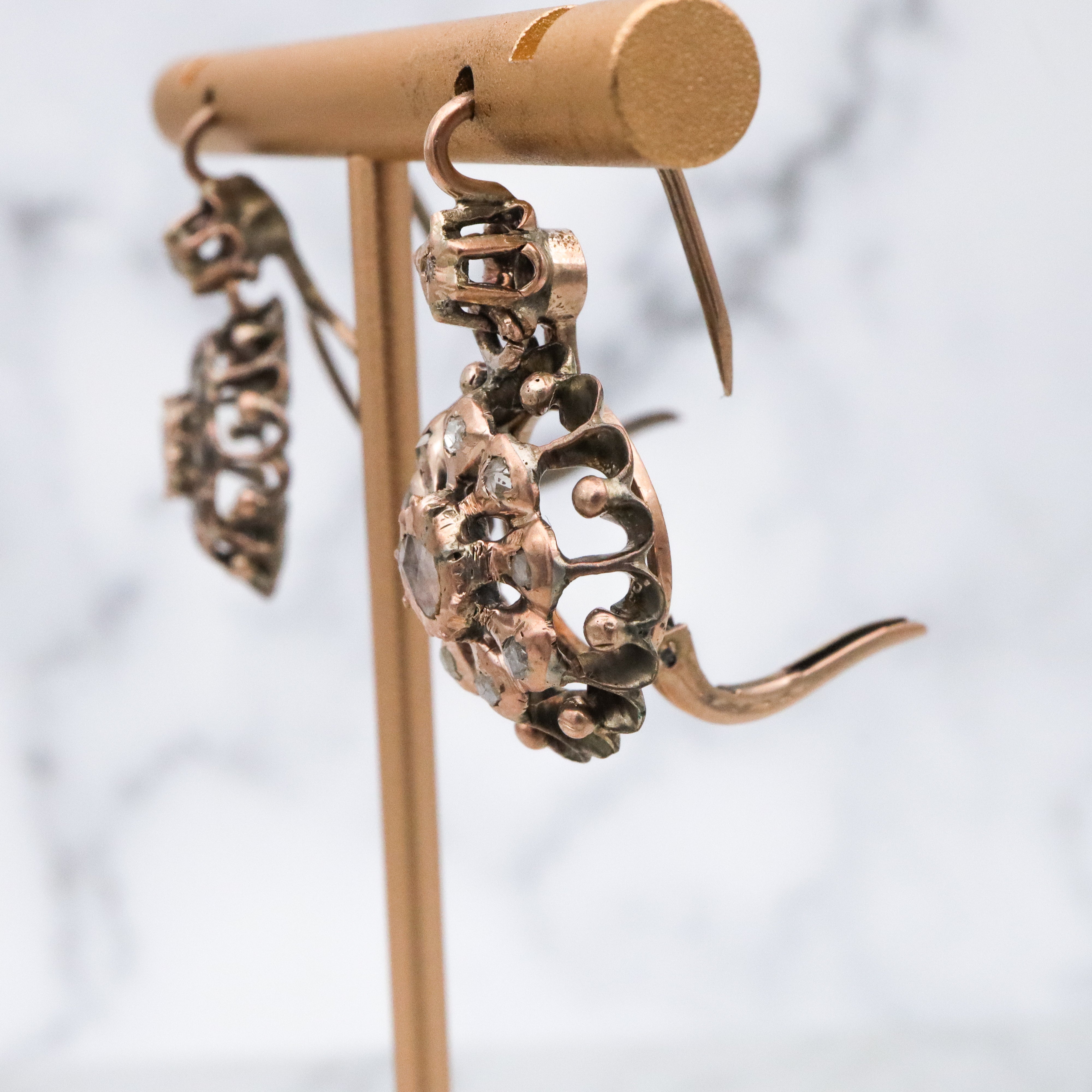 Antique Georgian 9k gold & silver rose cut diamond drop earrings