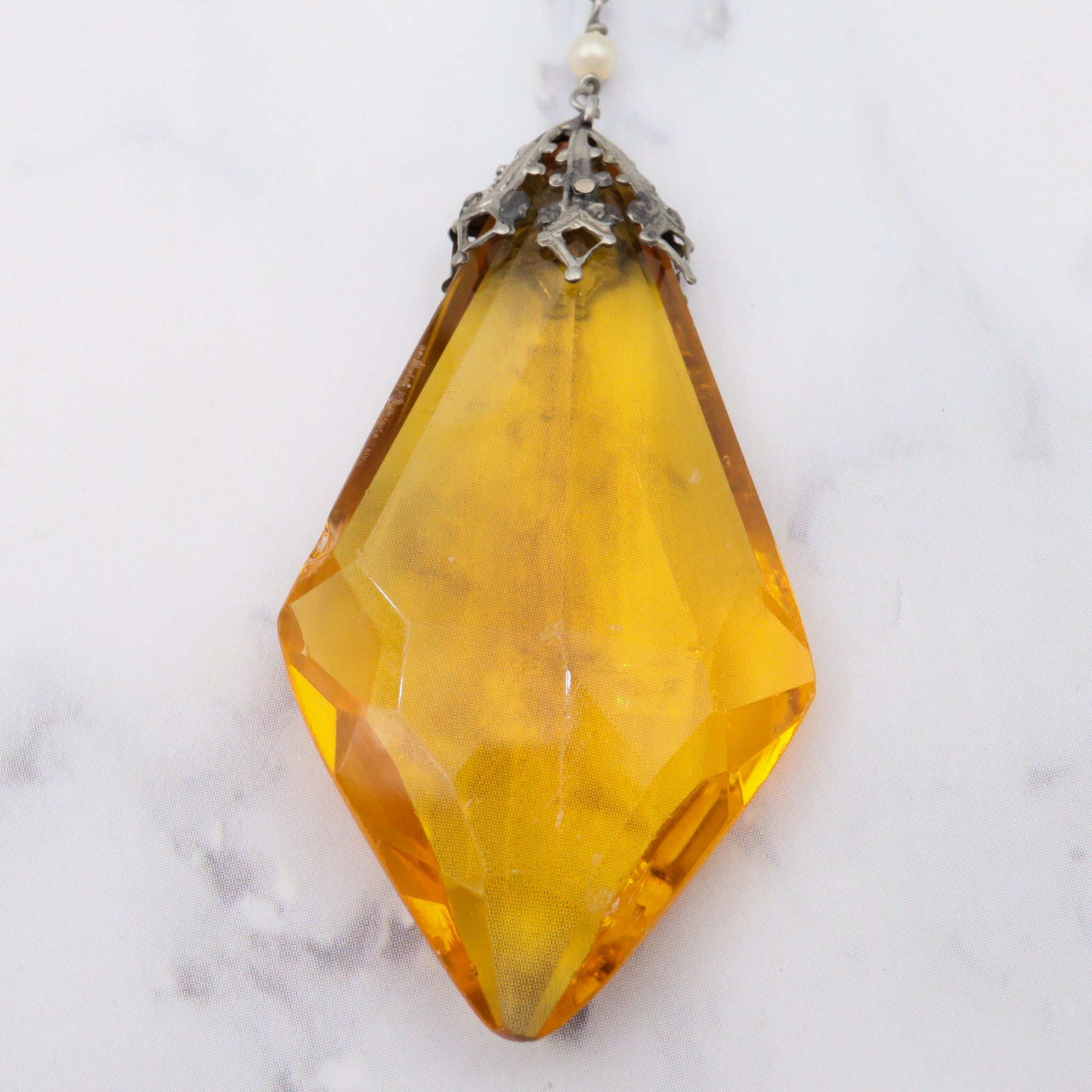 Antique German art deco sterling, amber glass & pearl necklace, 29