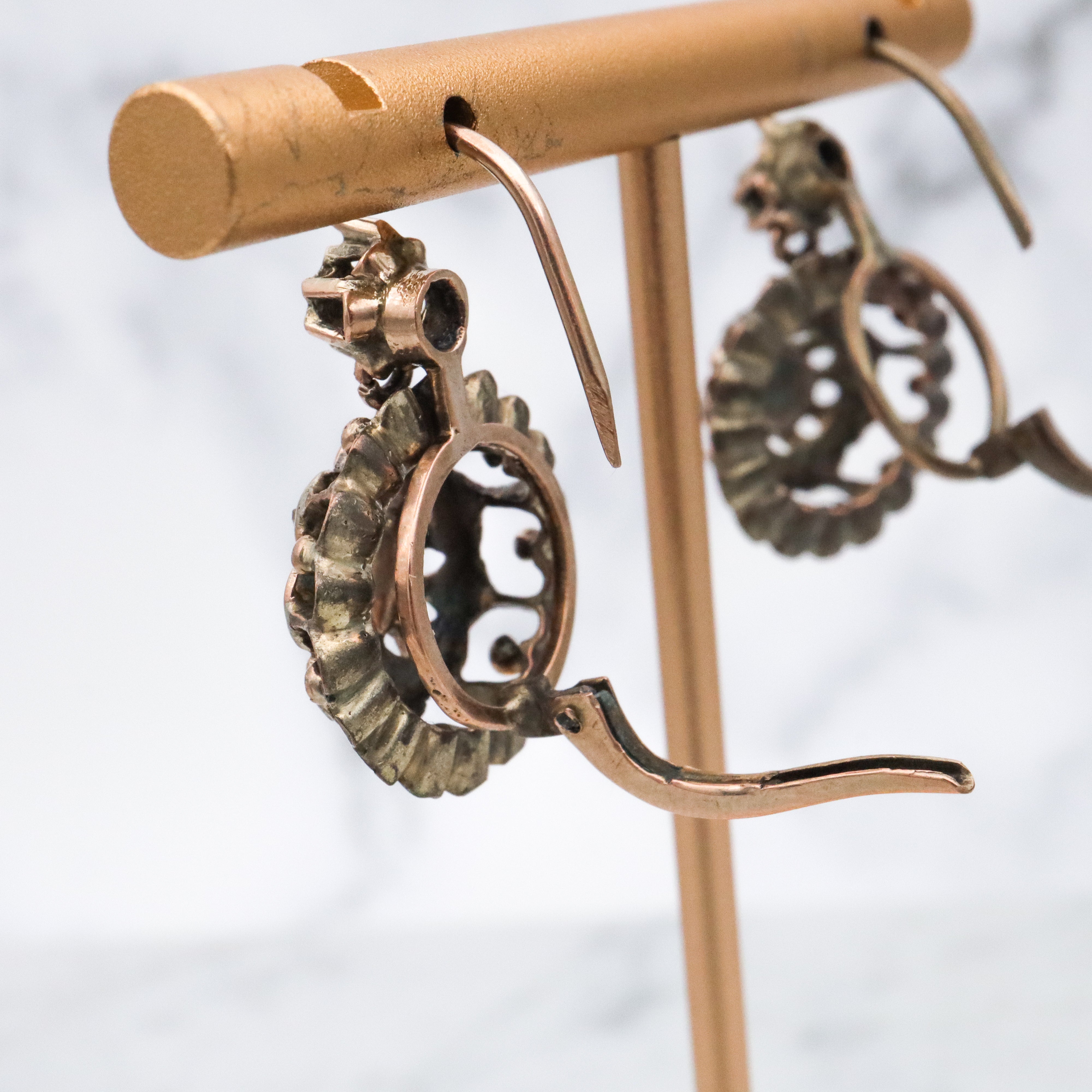 Antique Georgian 9k gold & silver rose cut diamond drop earrings