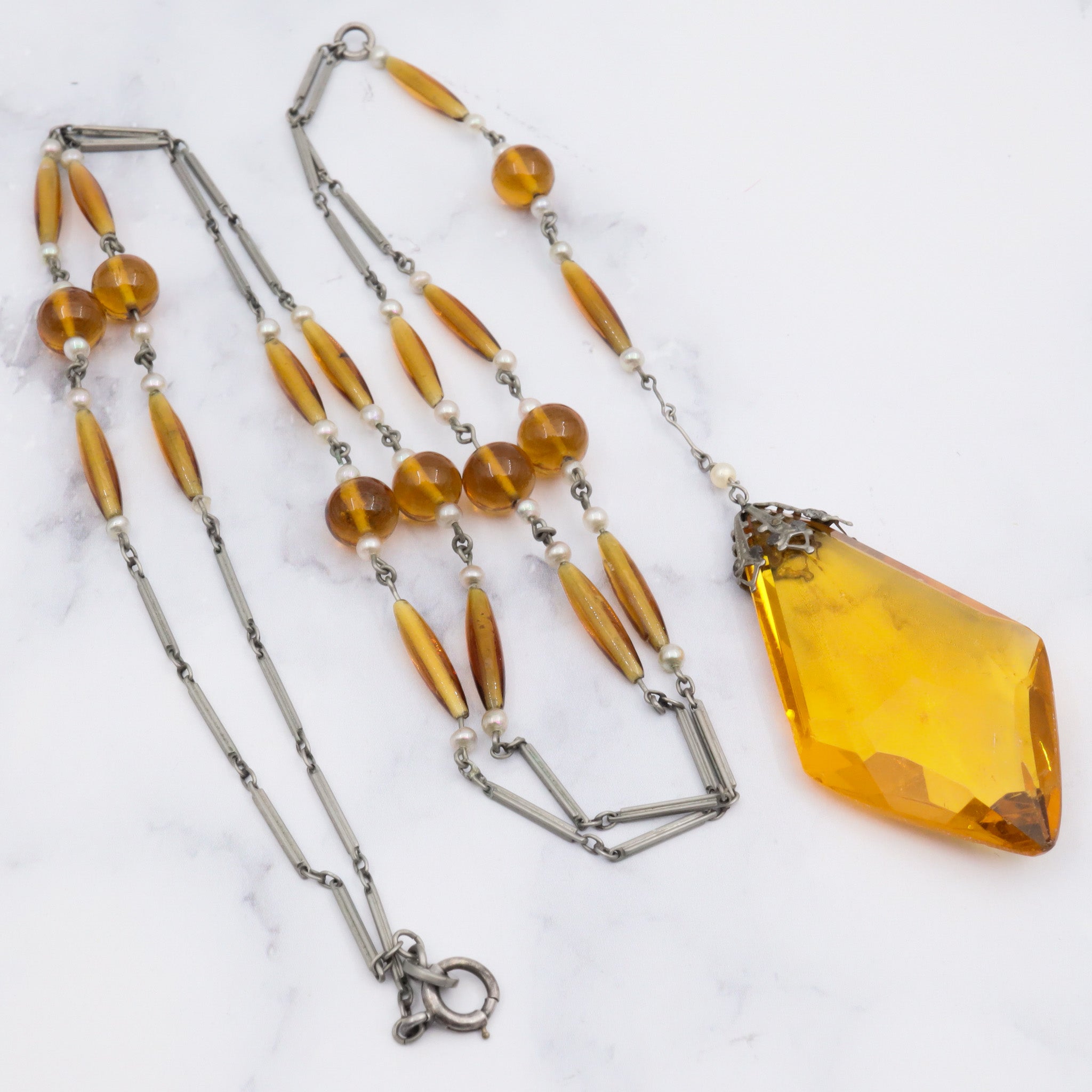 Antique German art deco sterling, amber glass & pearl necklace, 29
