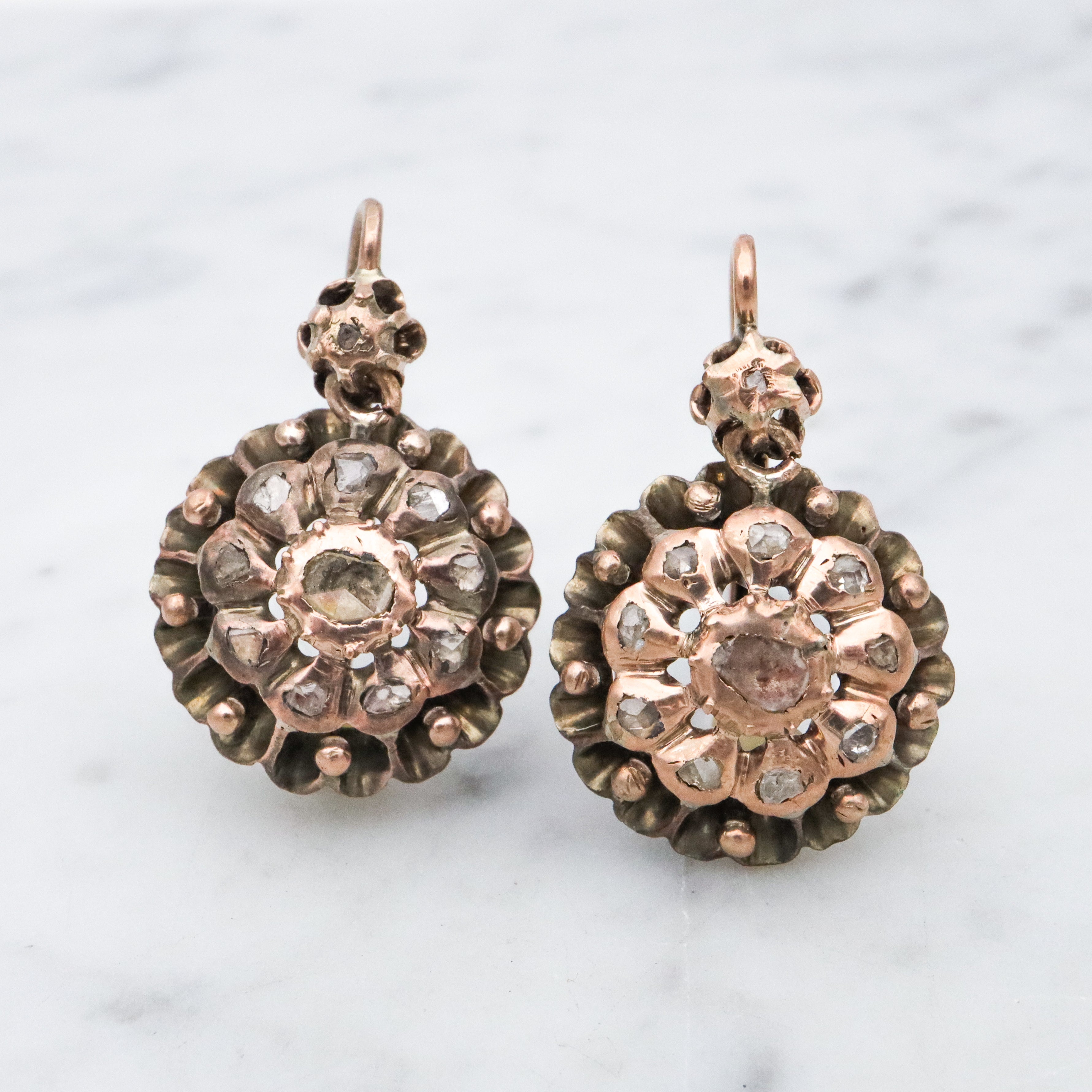 Antique Georgian 9k gold & silver rose cut diamond drop earrings