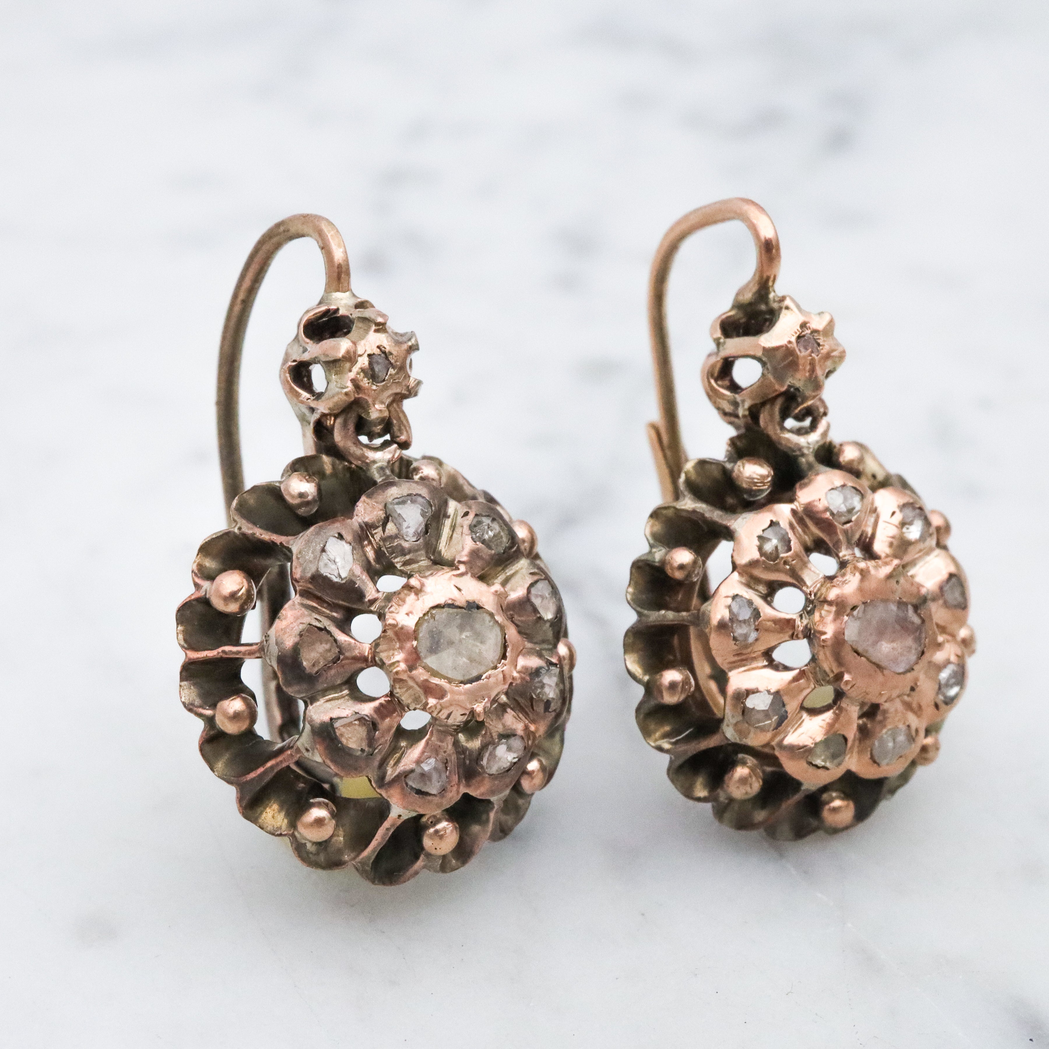 Antique Georgian 9k gold & silver rose cut diamond drop earrings
