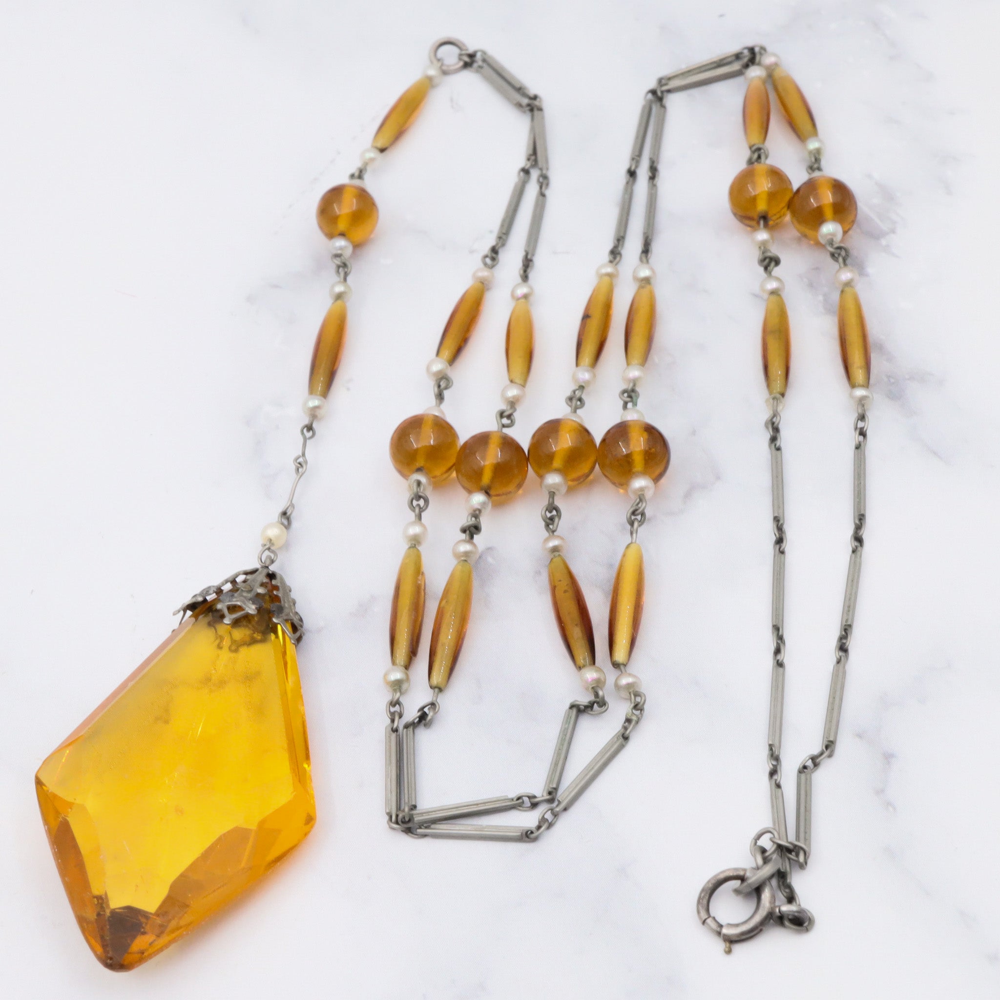 Antique German art deco sterling, amber glass & pearl necklace, 29