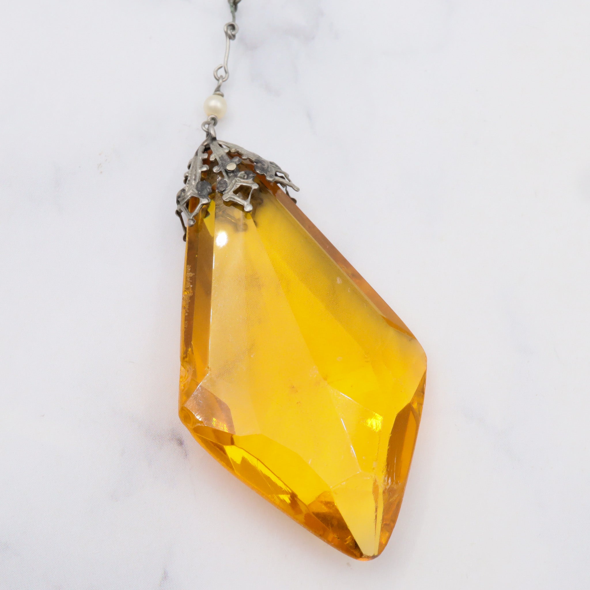 Antique German art deco sterling, amber glass & pearl necklace, 29