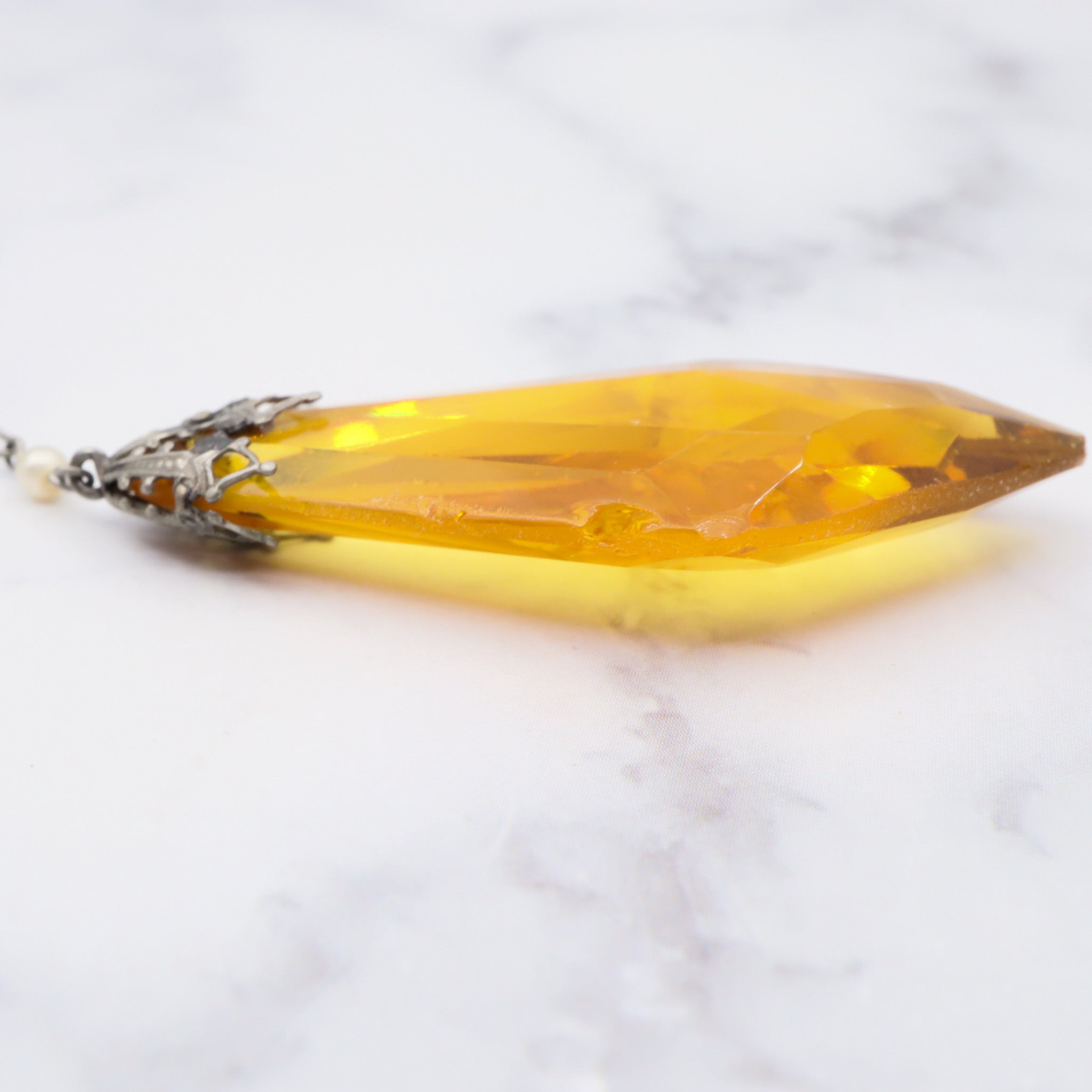 Antique German art deco sterling, amber glass & pearl necklace, 29