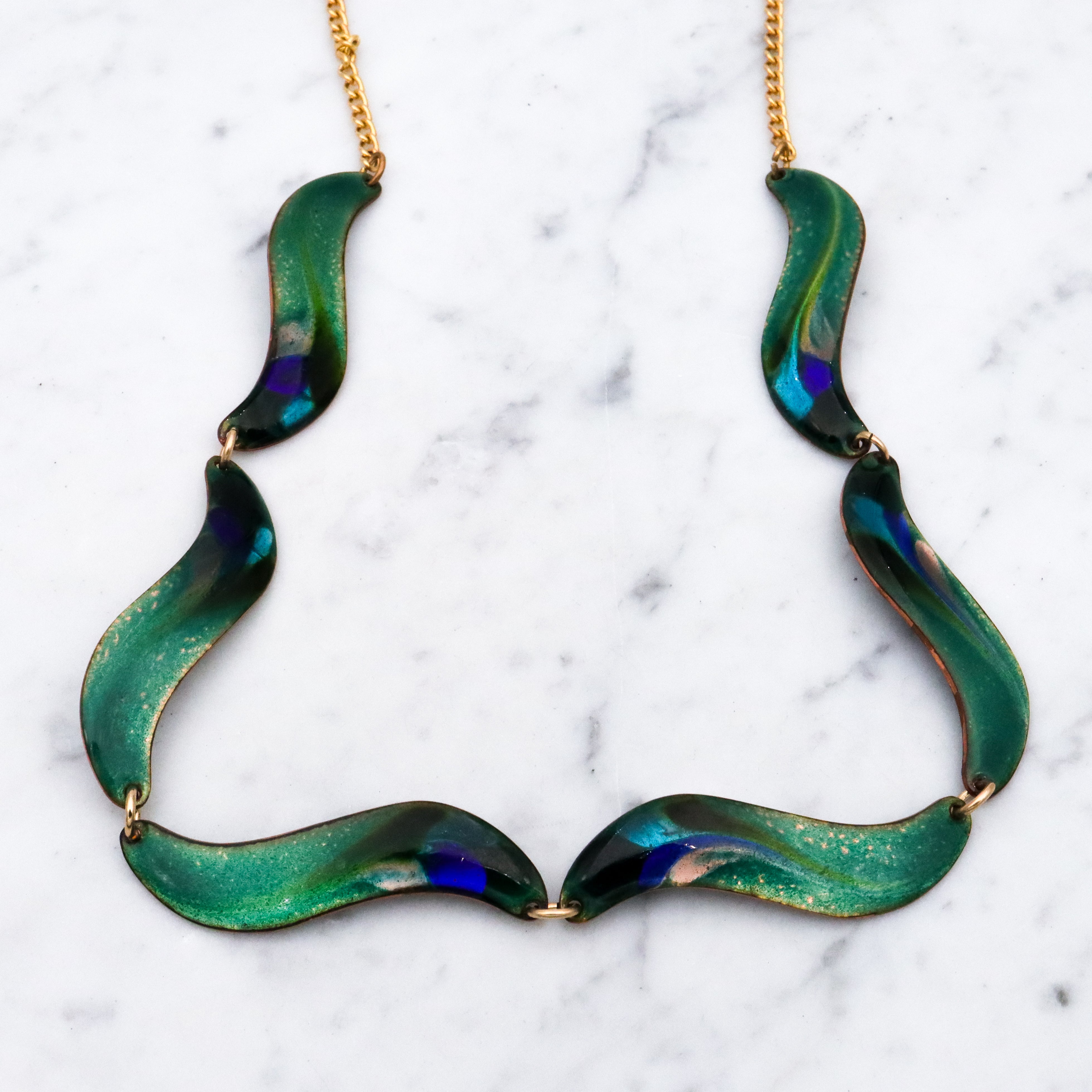 Mid Century studio artist enamelled copper wave link necklace