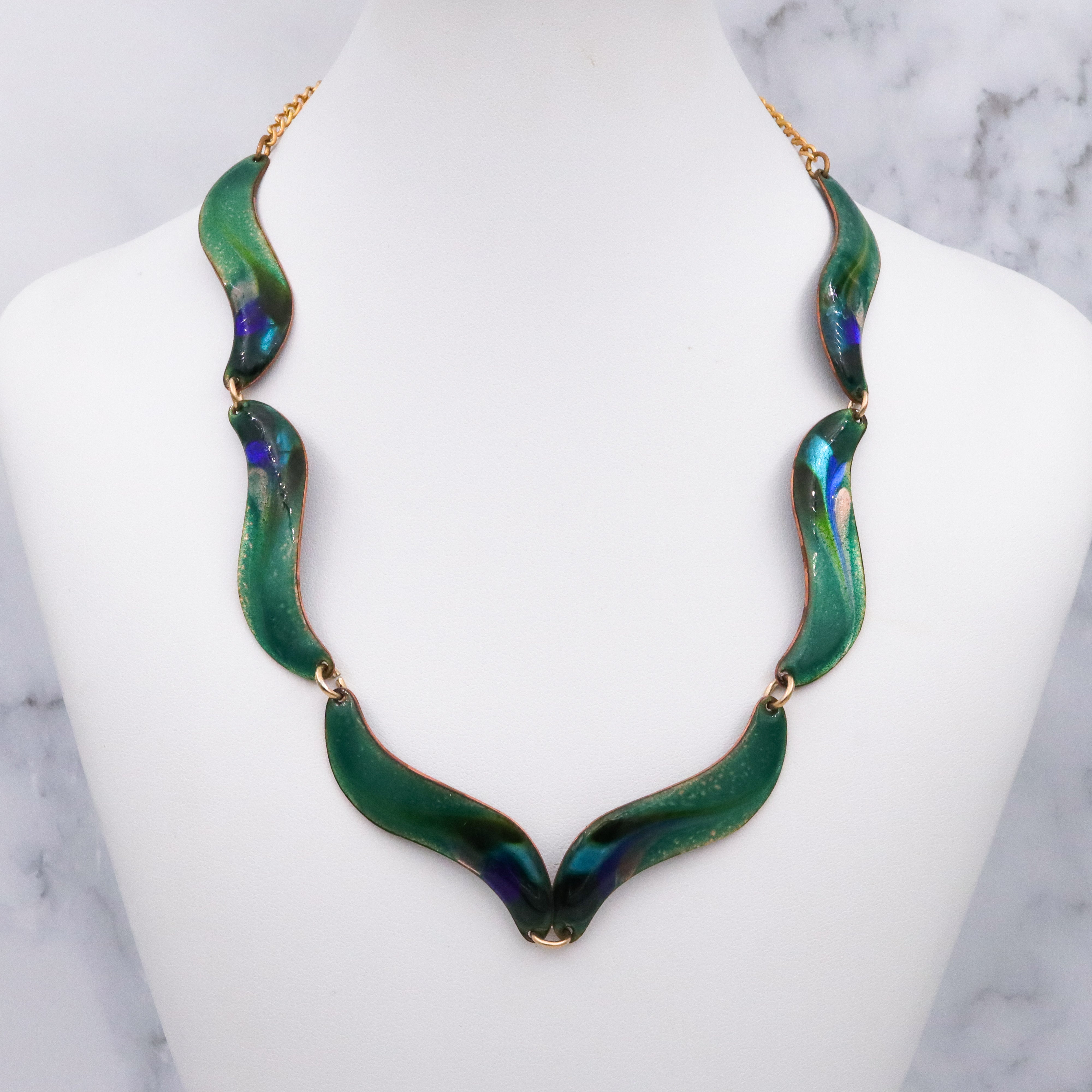 Mid Century studio artist enamelled copper wave link necklace