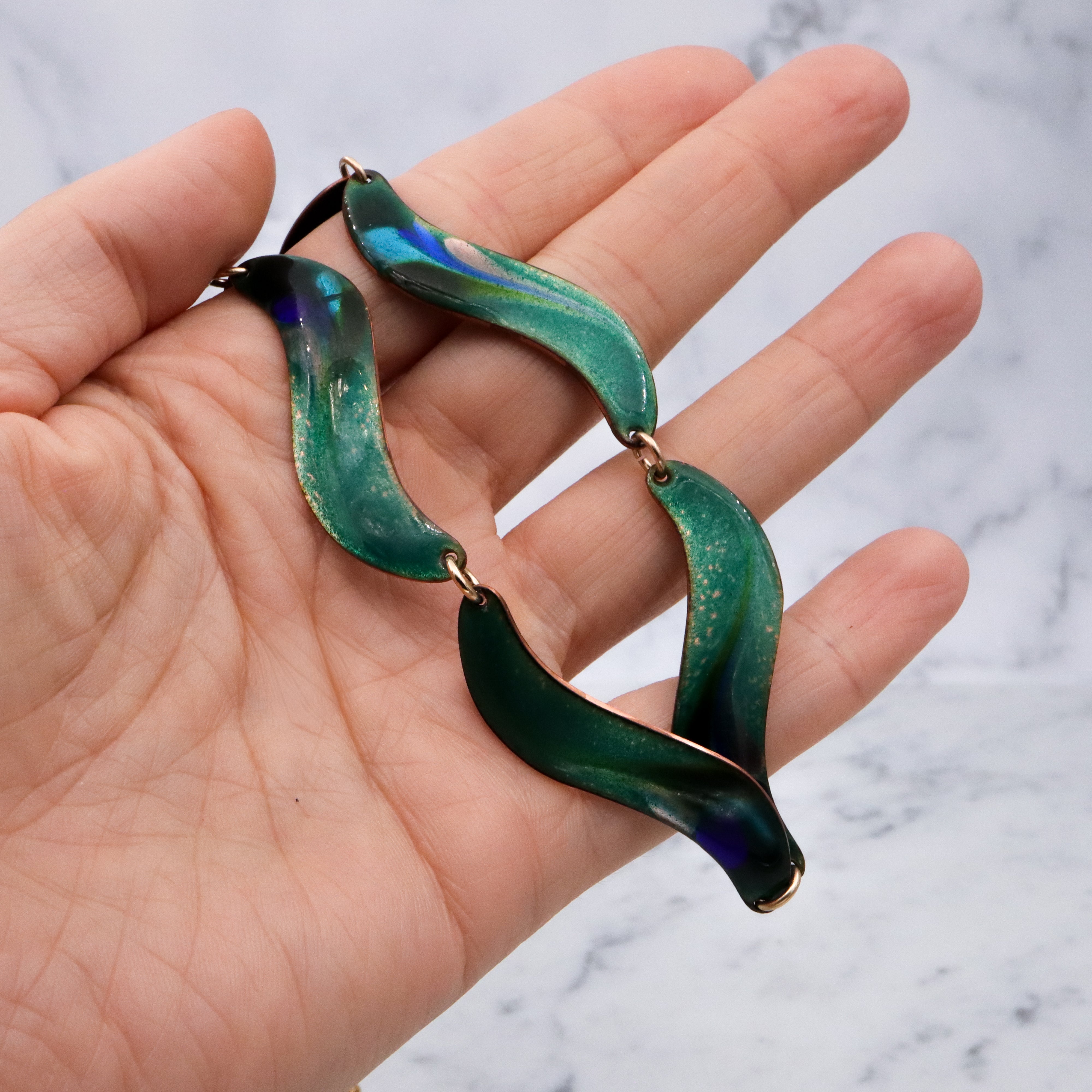 Mid Century studio artist enamelled copper wave link necklace