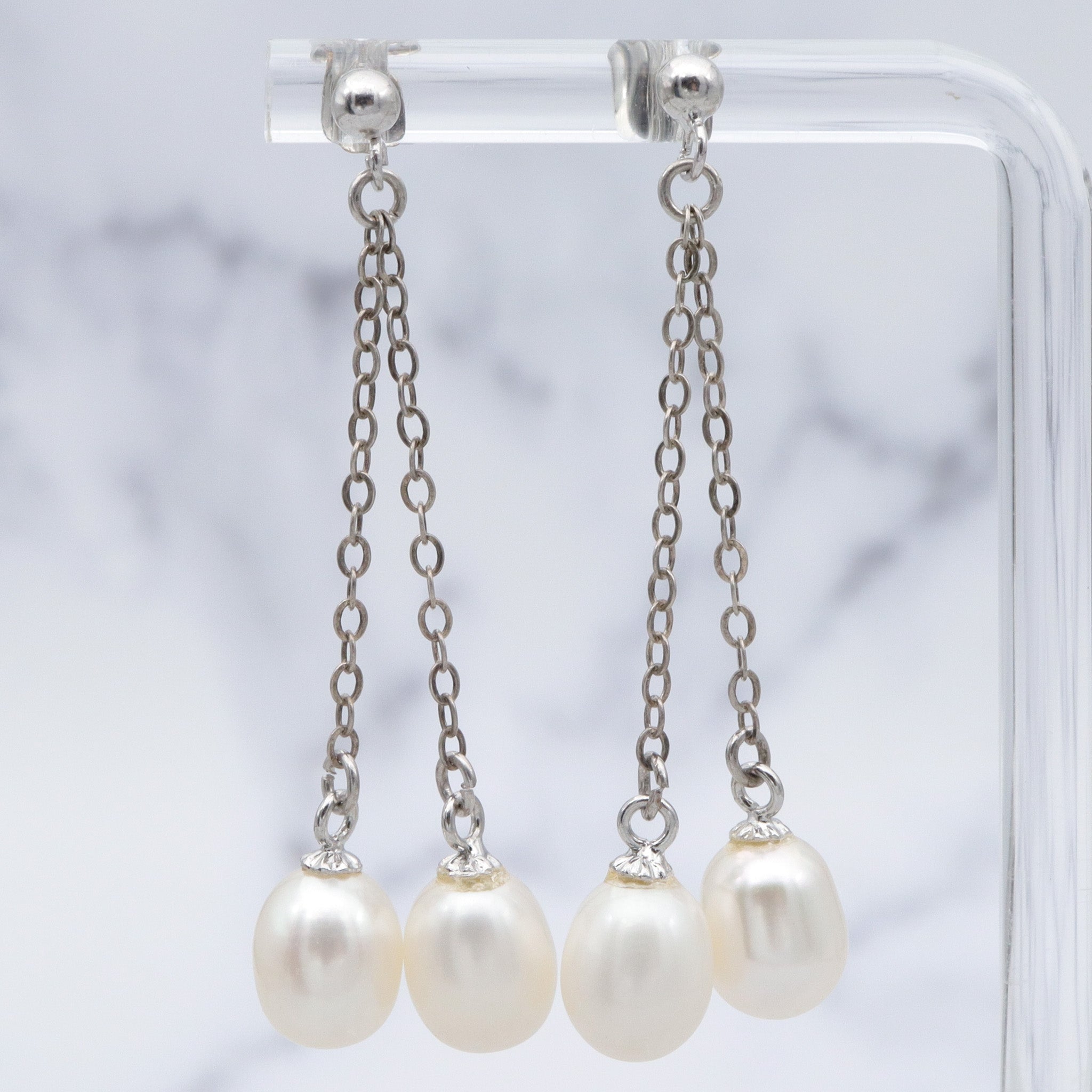 Vintage sterling double chain dangle earrings w/ white oval cultured pearl drops