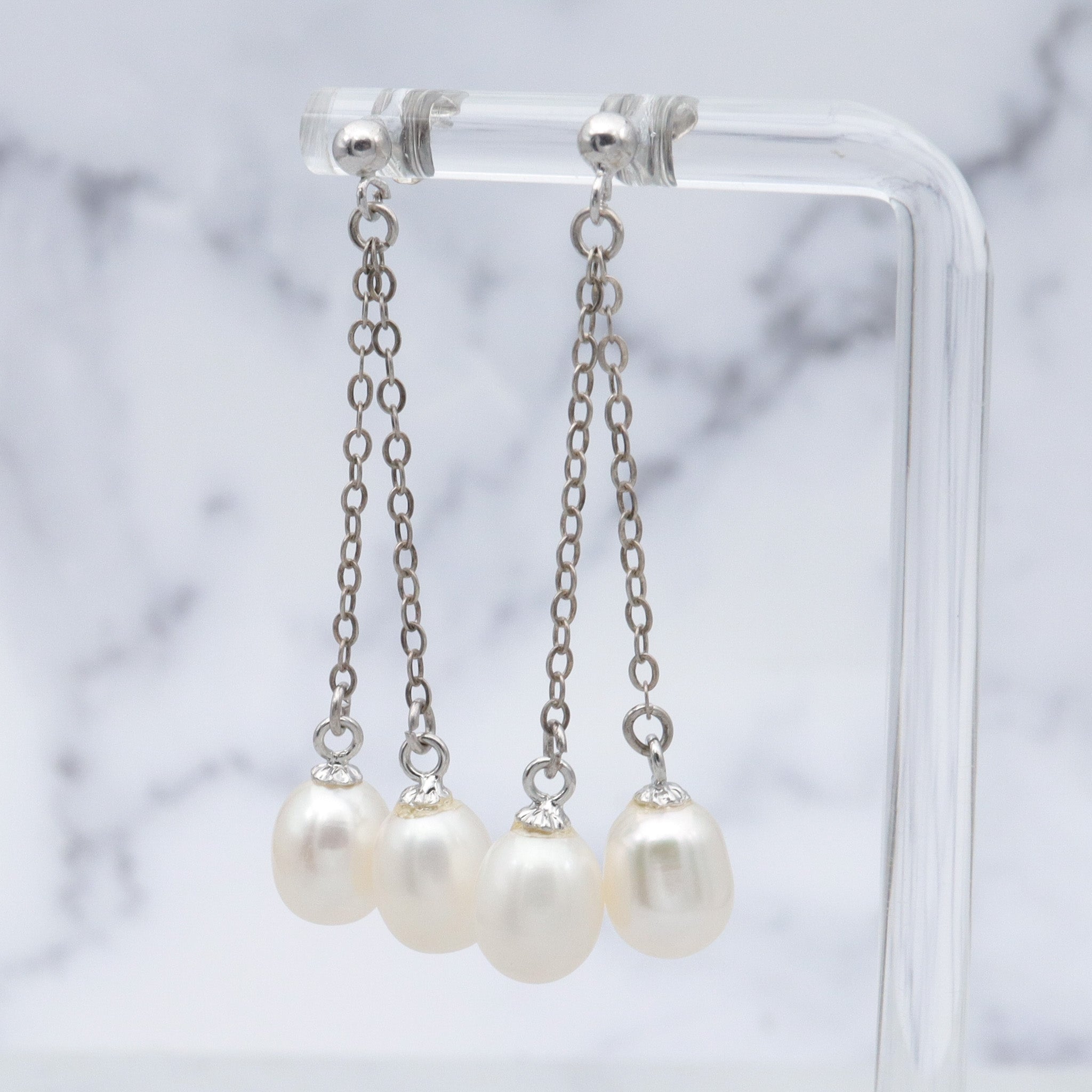 Vintage sterling double chain dangle earrings w/ white oval cultured pearl drops