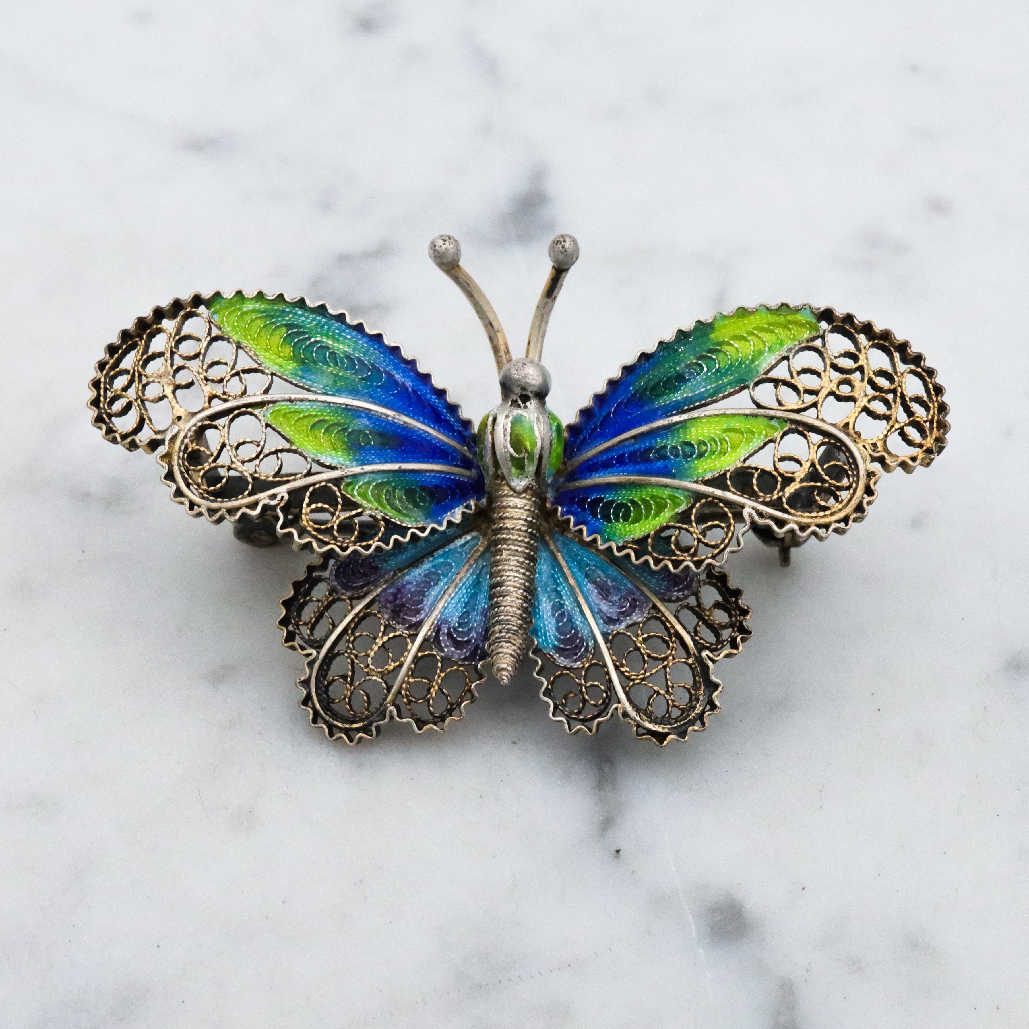 Vintage Adriana Alioto Italian .800 silver filigree plique a jour enamel butterfly brooch