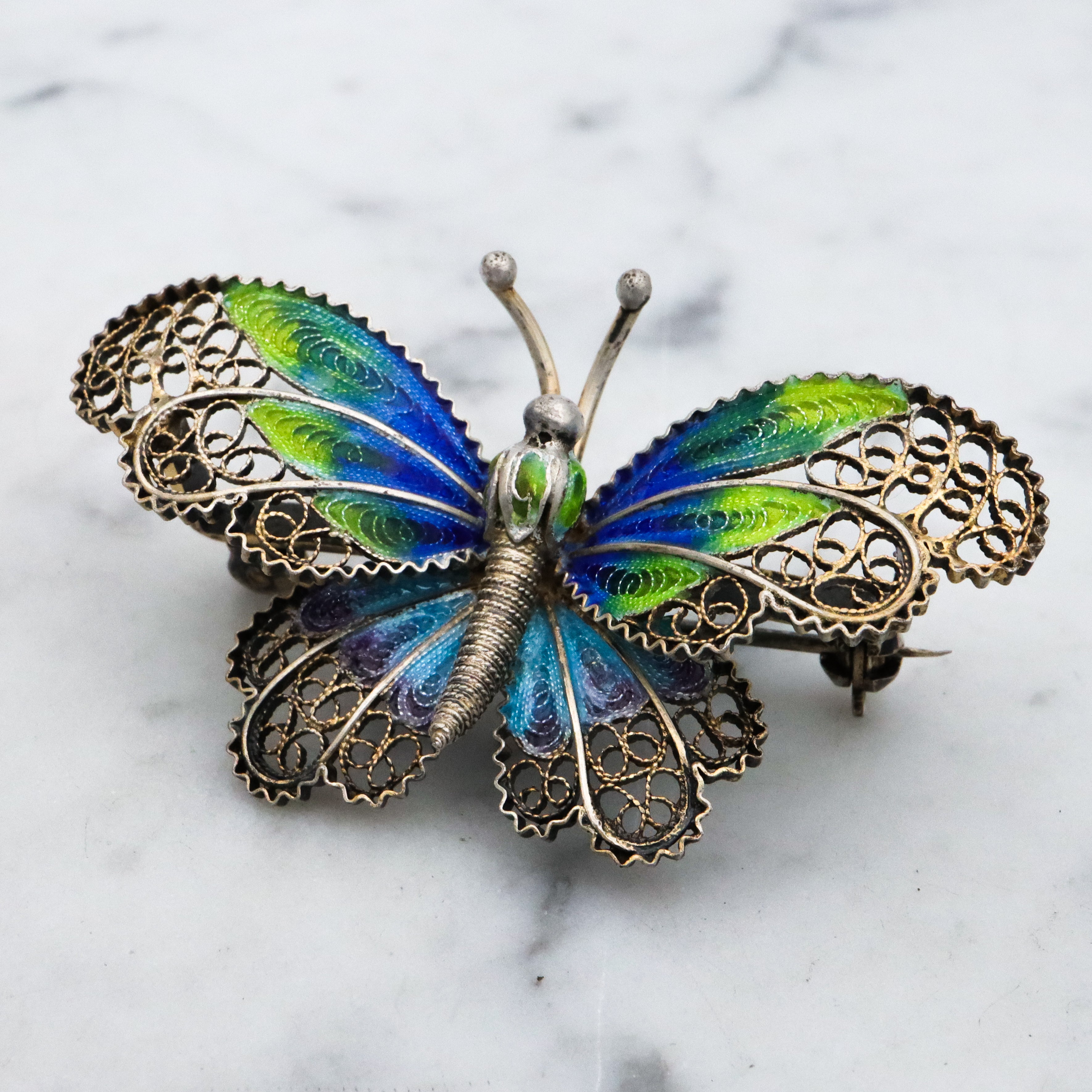 Vintage Adriana Alioto Italian .800 silver filigree plique a jour enamel butterfly brooch