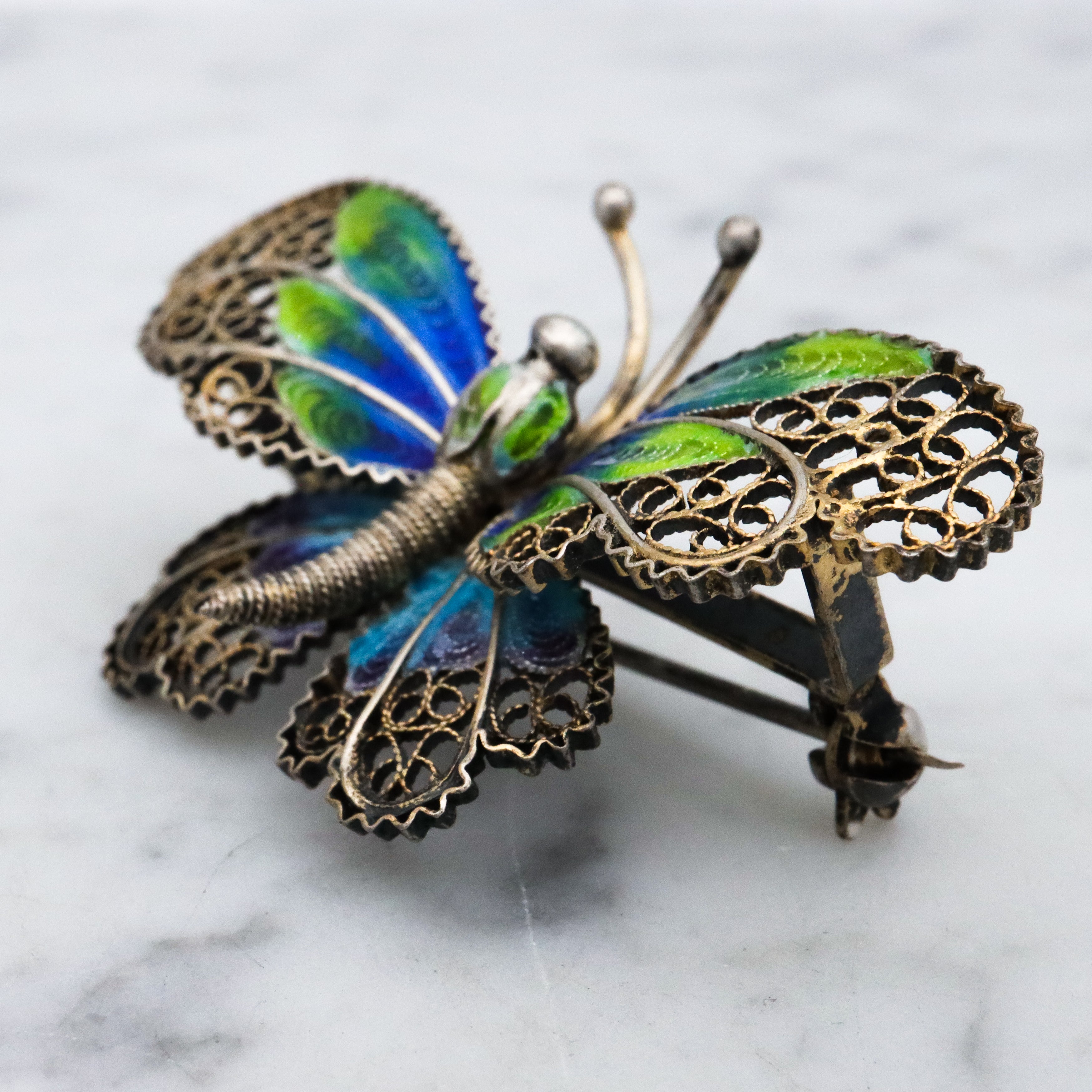 Vintage Adriana Alioto Italian .800 silver filigree plique a jour enamel butterfly brooch