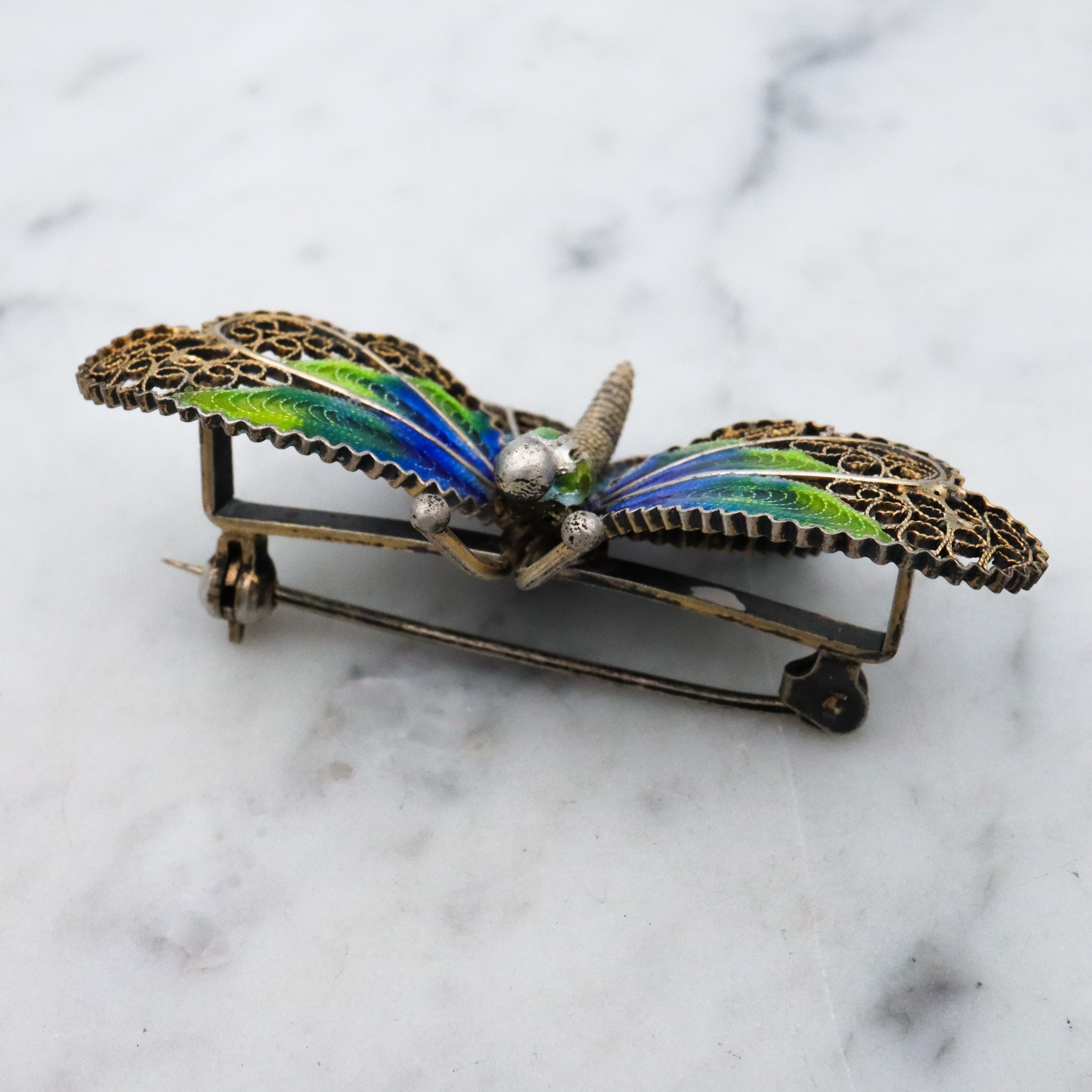 Vintage Adriana Alioto Italian .800 silver filigree plique a jour enamel butterfly brooch