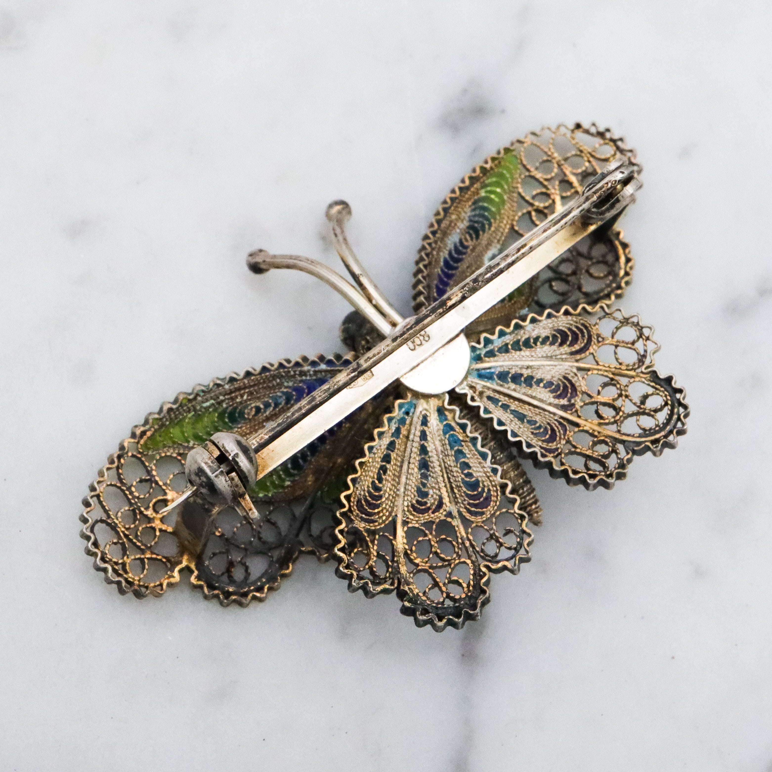 Vintage Adriana Alioto Italian .800 silver filigree plique a jour enamel butterfly brooch