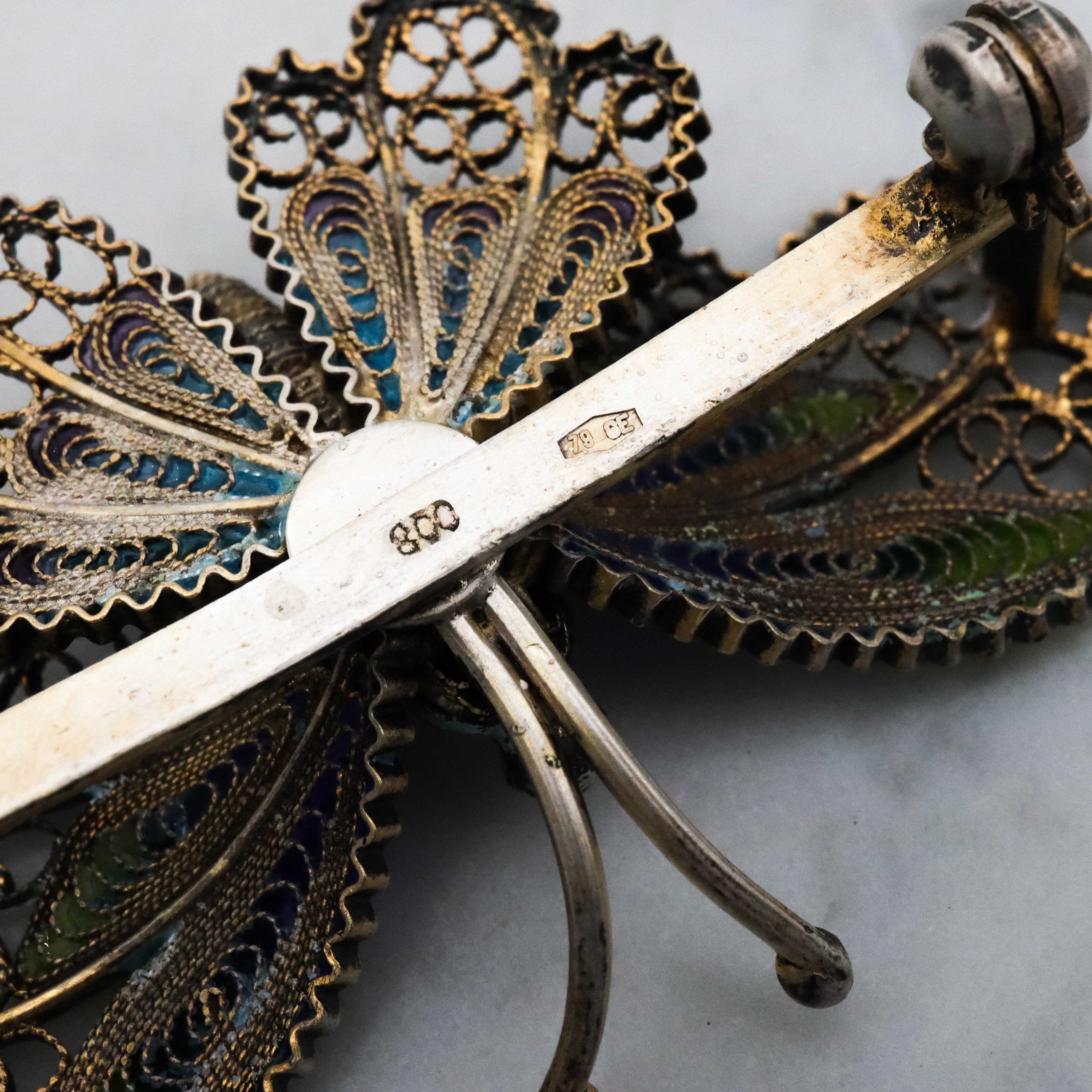 Vintage Adriana Alioto Italian .800 silver filigree plique a jour enamel butterfly brooch