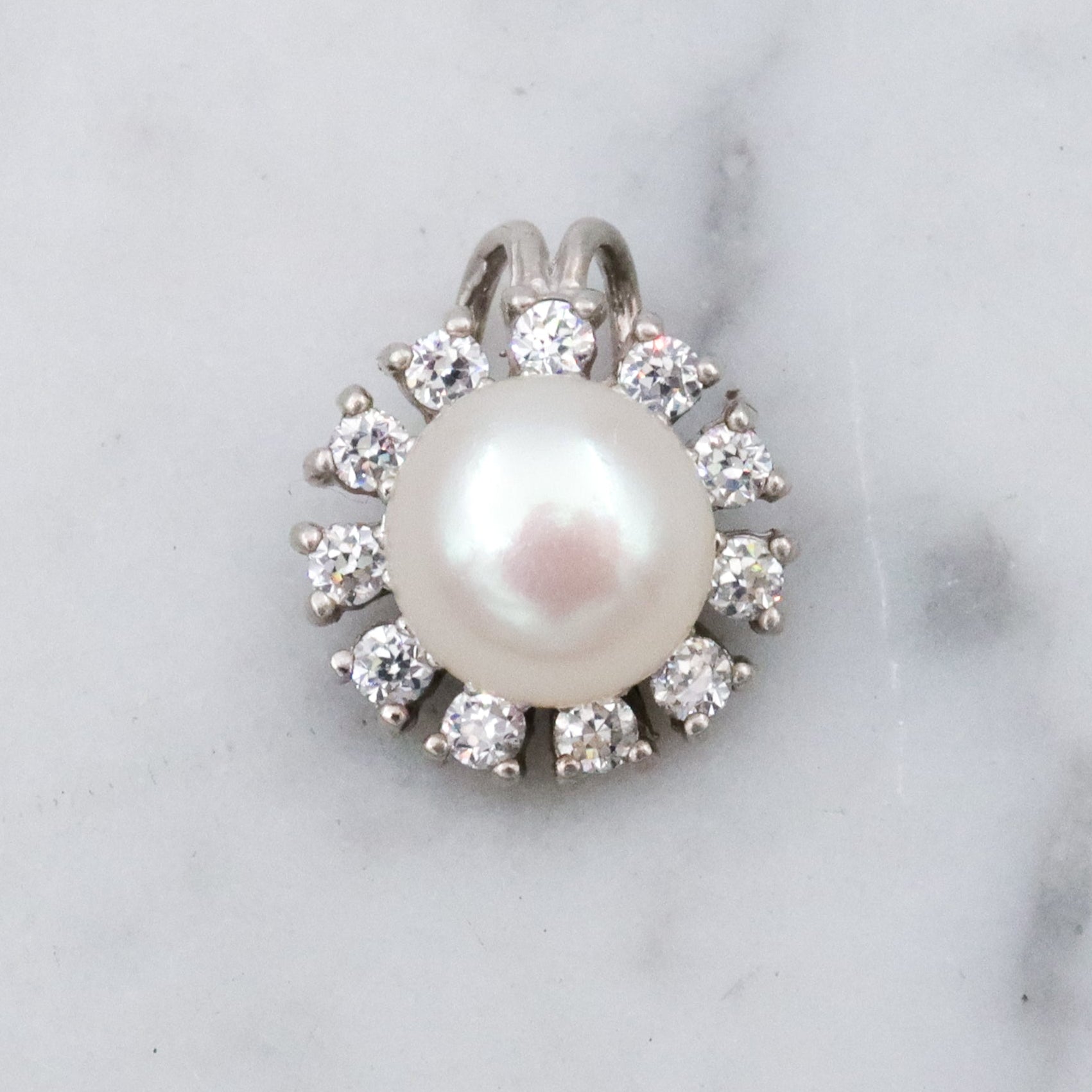 Vintage genuine mabe pearl & cubic zirconia sterling flower pendant