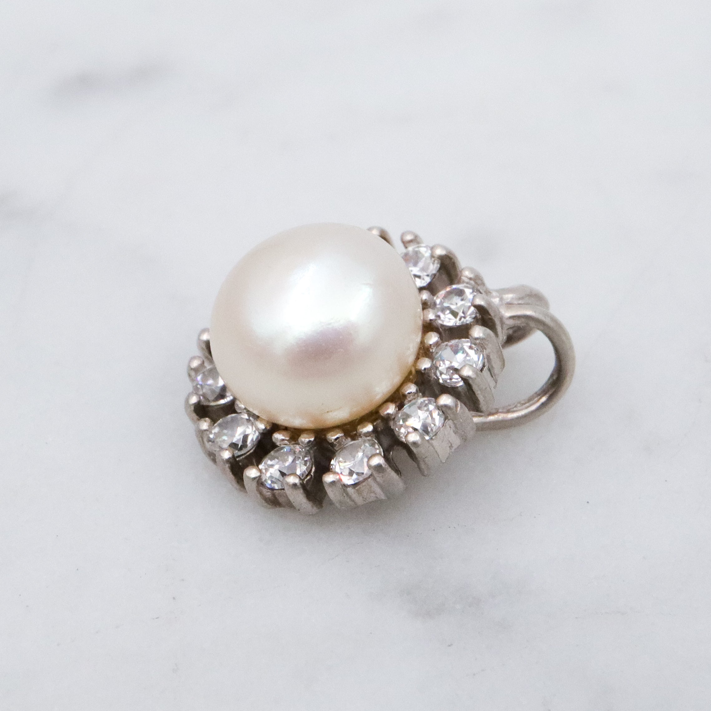 Vintage genuine mabe pearl & cubic zirconia sterling flower pendant