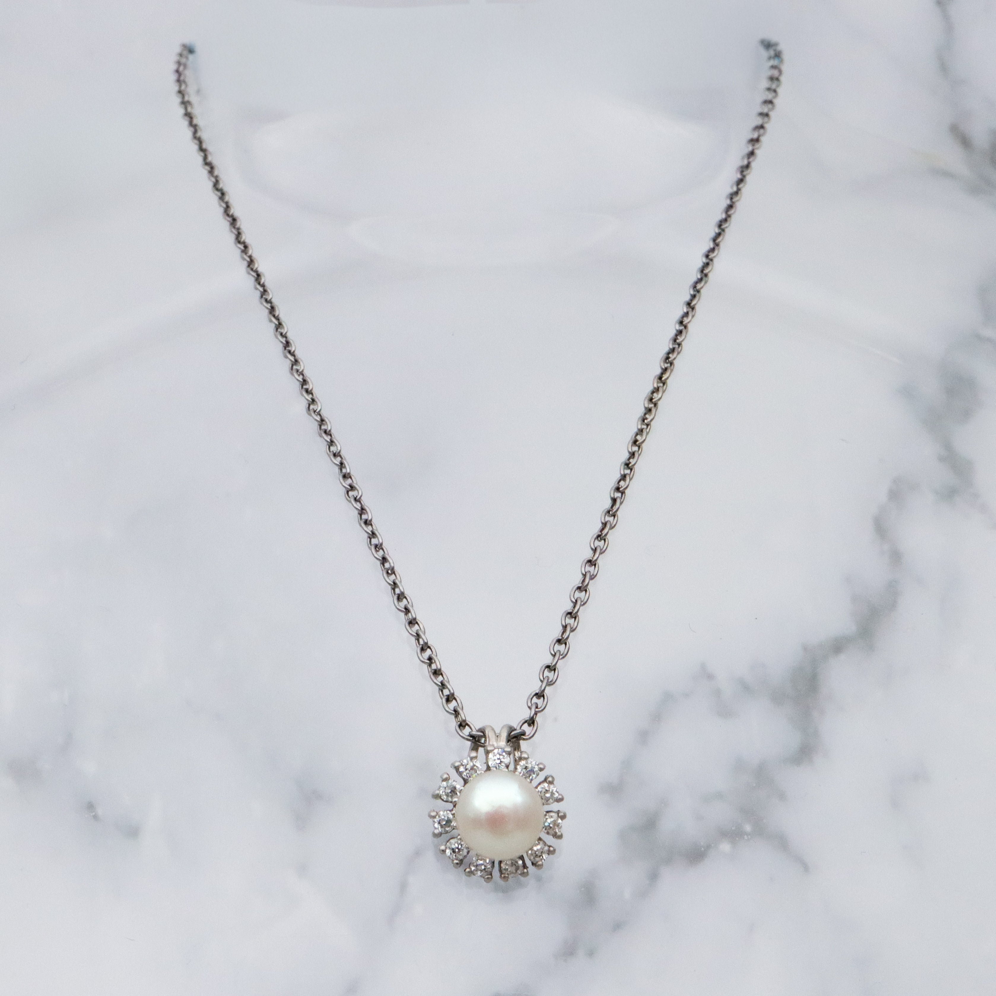 Vintage genuine mabe pearl & cubic zirconia sterling flower pendant